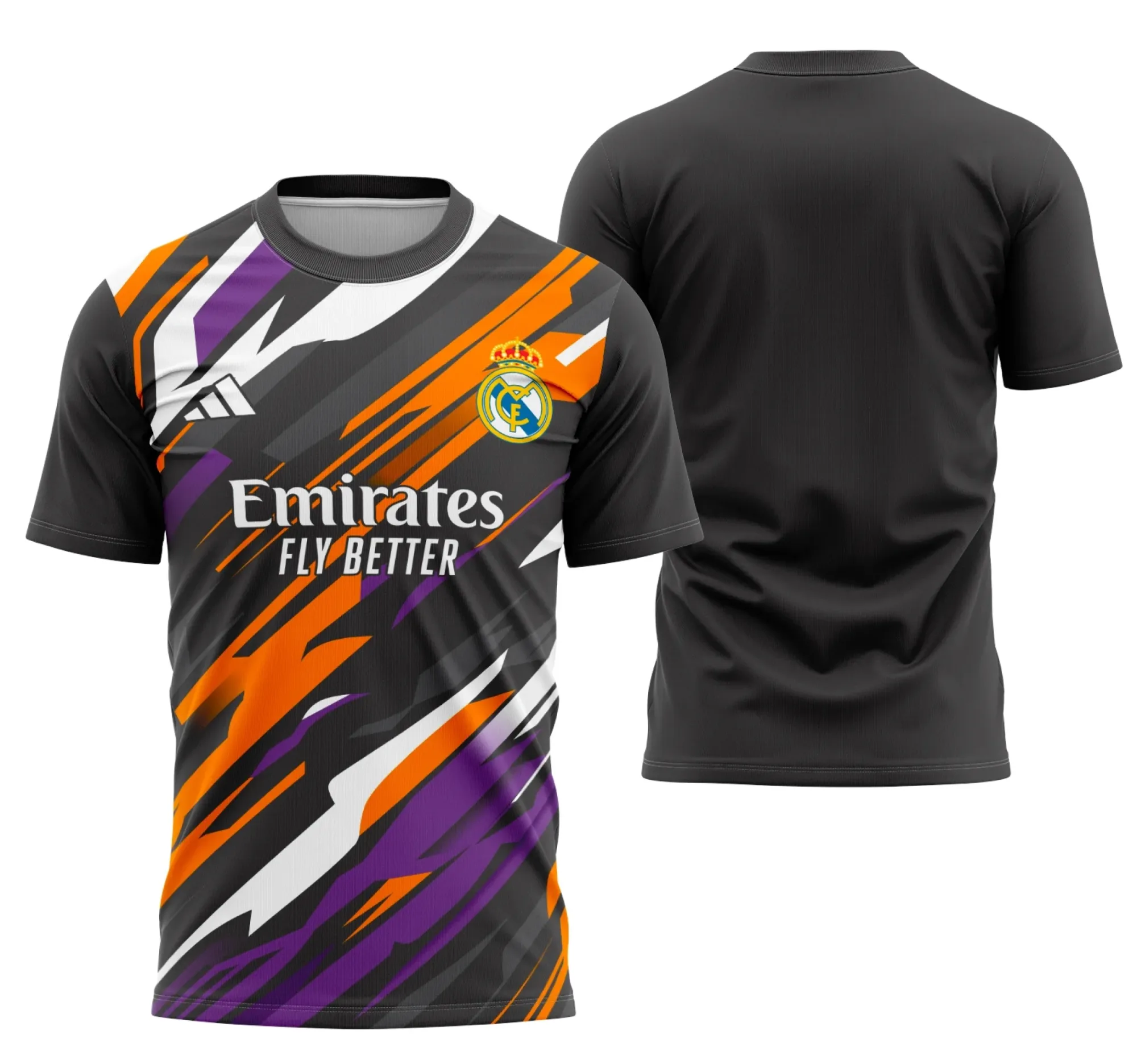 Camiseta preta unissex com logo no peito e estampa grande nas costas da equipe Real Madrid, ideal para usar em eventos e partidas interclasse.