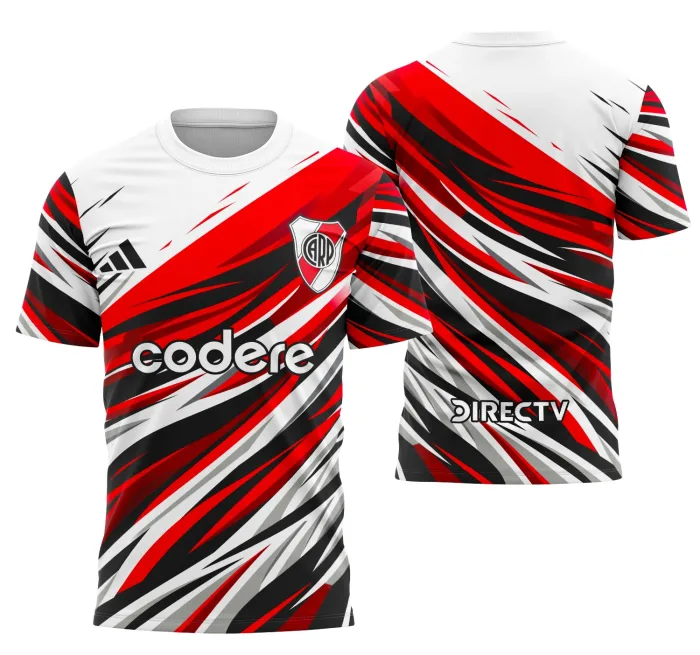 Camiseta unissex branca com logo no peito e estampa grande nas costas da equipe River Plate para evento interclasse, moderna e confortável.