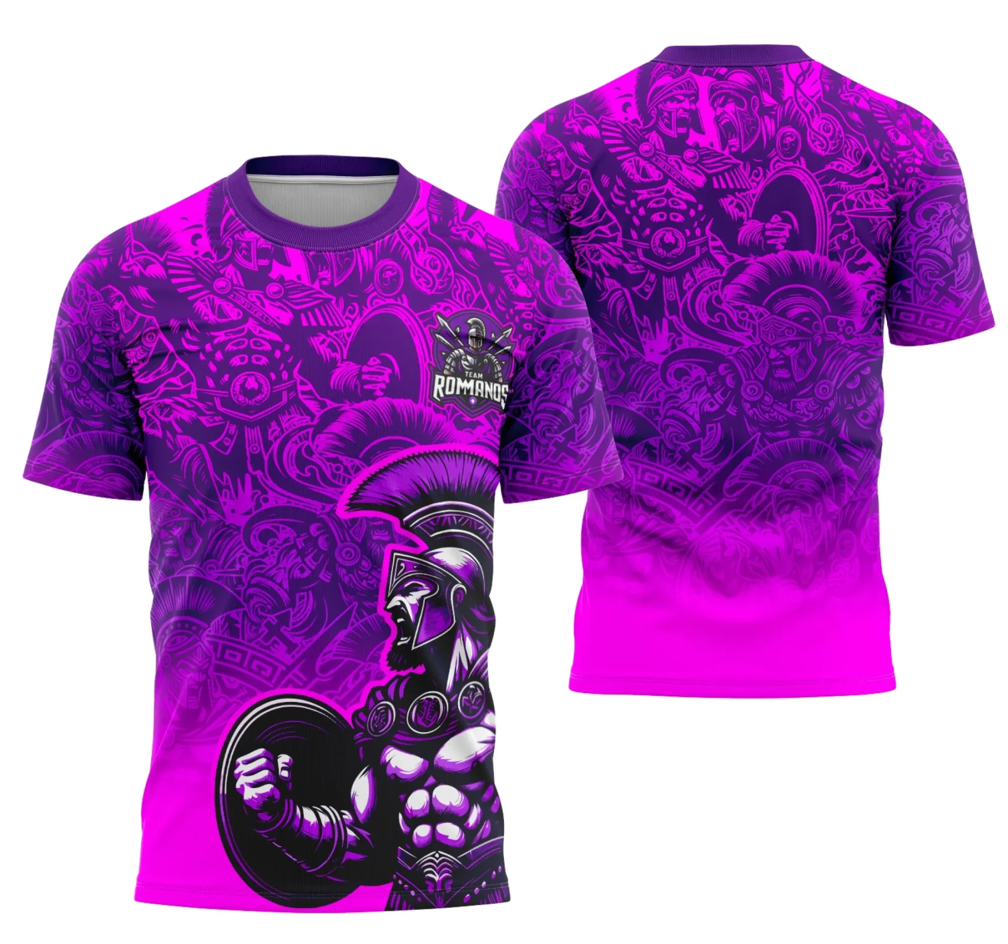 Camiseta unissex preta com logo no peito e estampa grande nas costas, temática Interclasse Equipe Romano, estilo moderno e despojado.