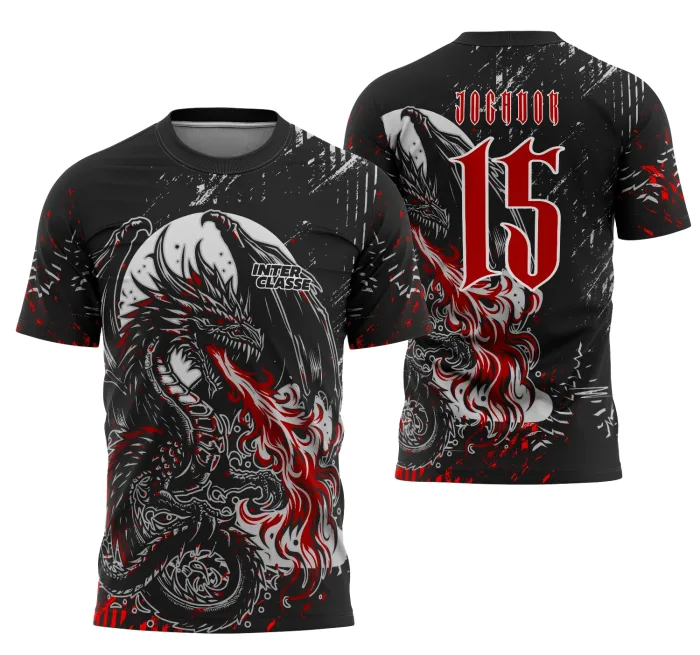 Camisa de Interclasse Dragão Negro com Fogo 2025 – Arte Digital Exclusiva modelo 3