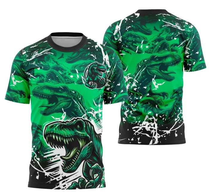 Camiseta unissex preta com logo no peito e estampa grande nas costas da equipe T-Rex, destacando estilo e personalidade para eventos e times.