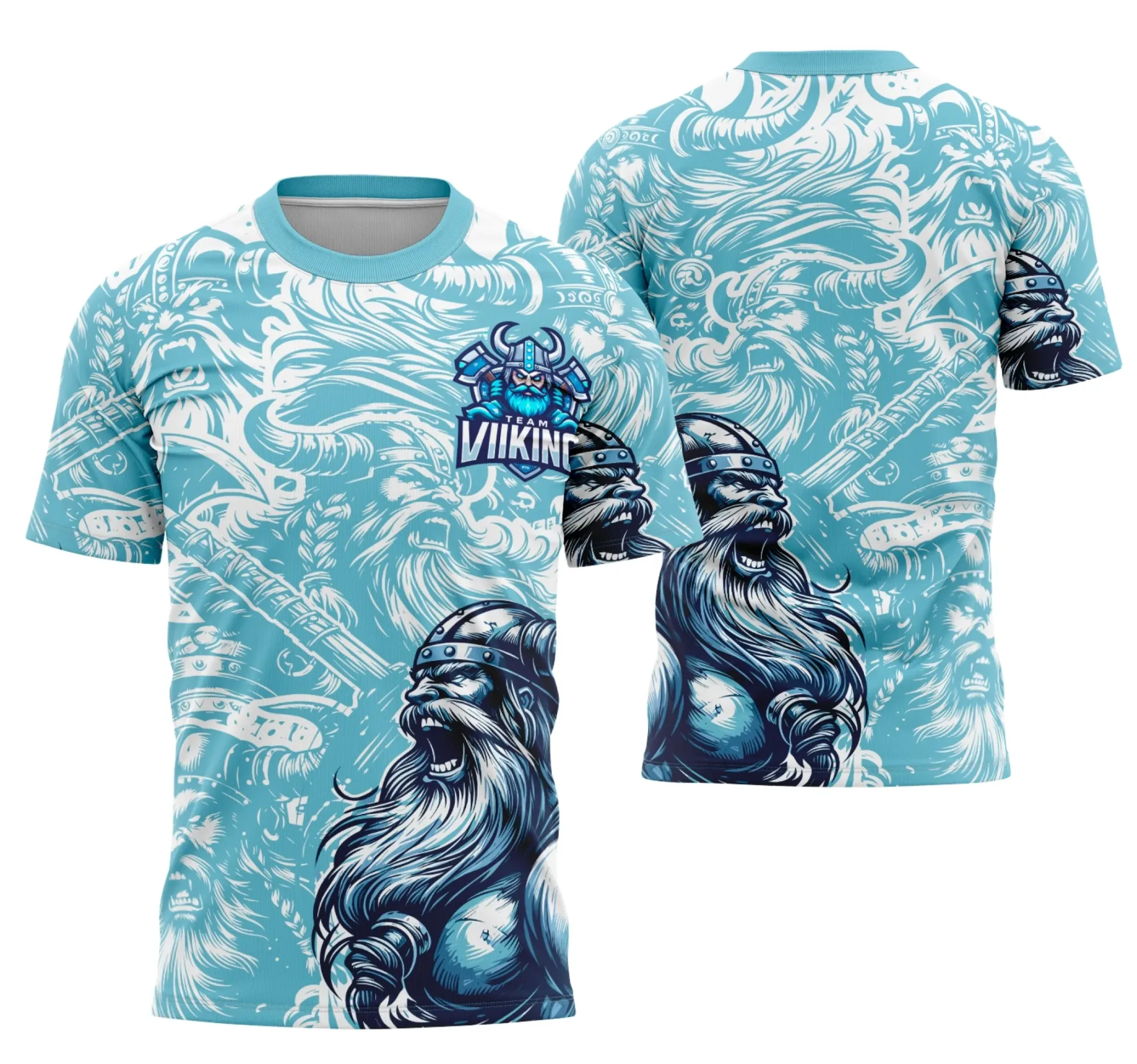 Camiseta unissex preta com logo no peito e estampa grande nas costas relacionada à Equipe Viking para eventos interclasses.