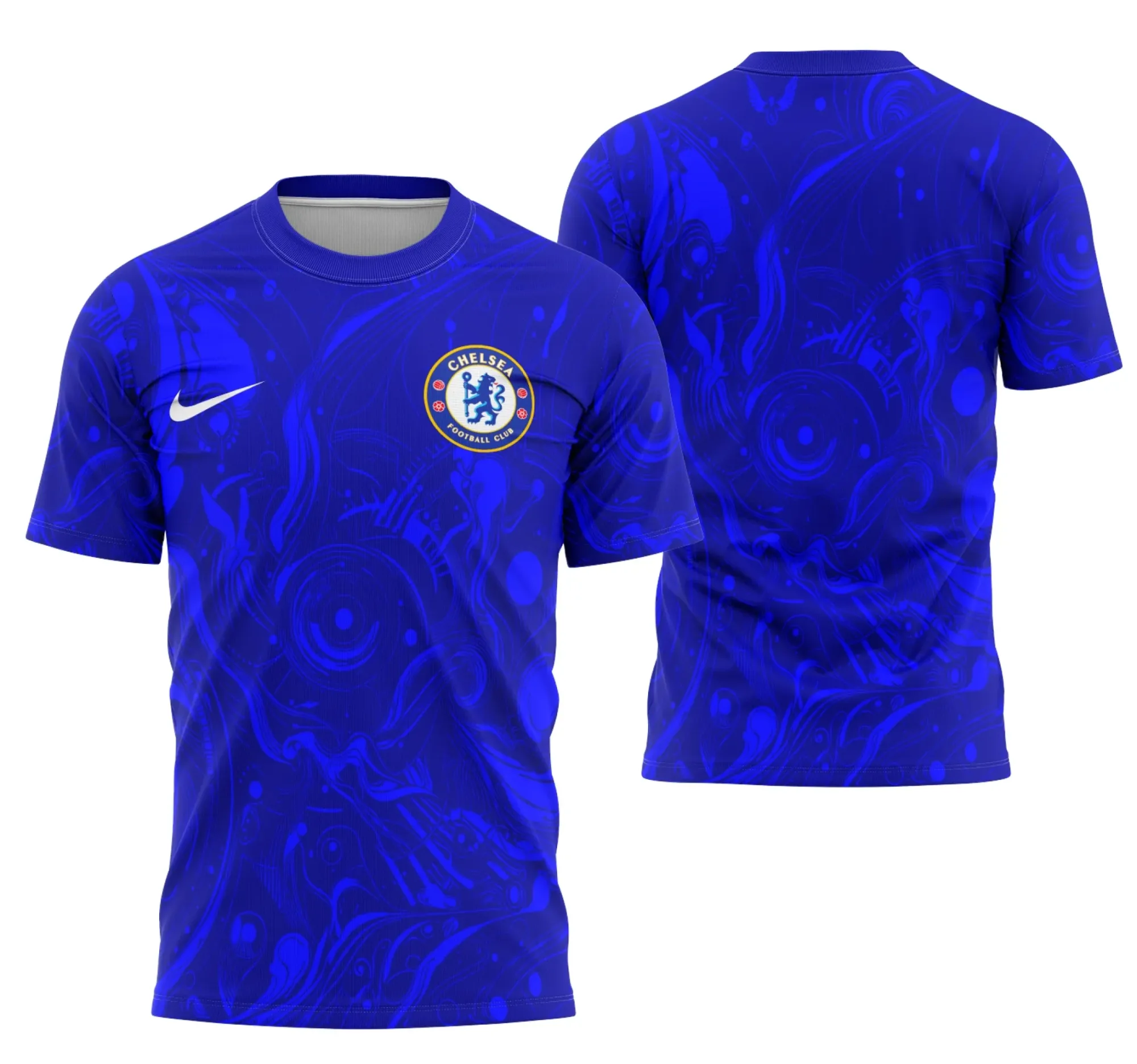 Camiseta preta unissex com logo no peito e estampa grande nas costas inspiradas no Chelsea, perfeita para eventos interclasse com design marcante.