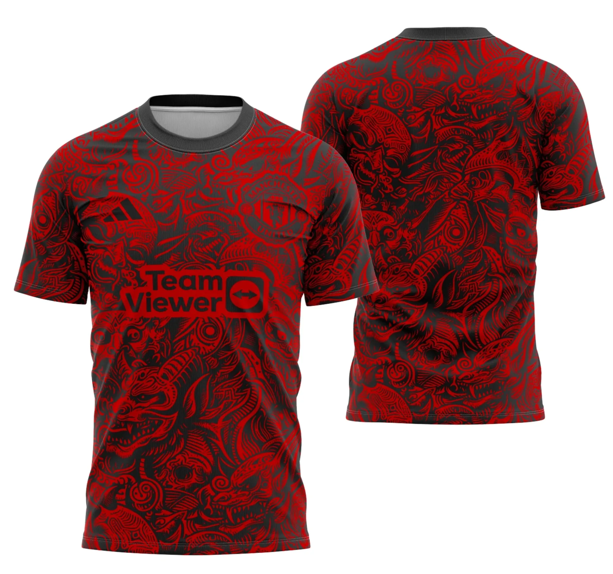 Camiseta unissex preta com logo no peito e estampa grande nas costas com tema do Interclasse Fantasia do Manchester United, ideal para torcedores e fãs do futebol.