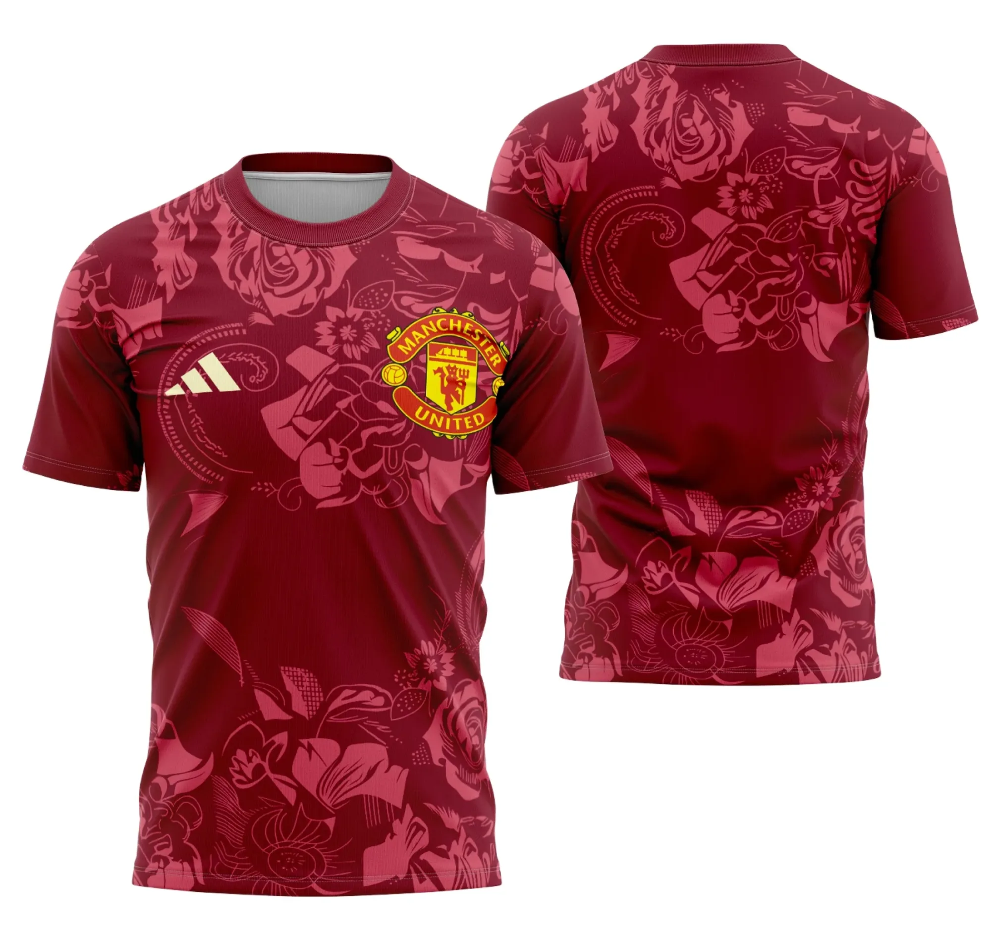 Camiseta unissex preta com logo do Manchester United no peito e estampa grande floral fantasia nas costas, ideal para quem ama futebol e estilo único.