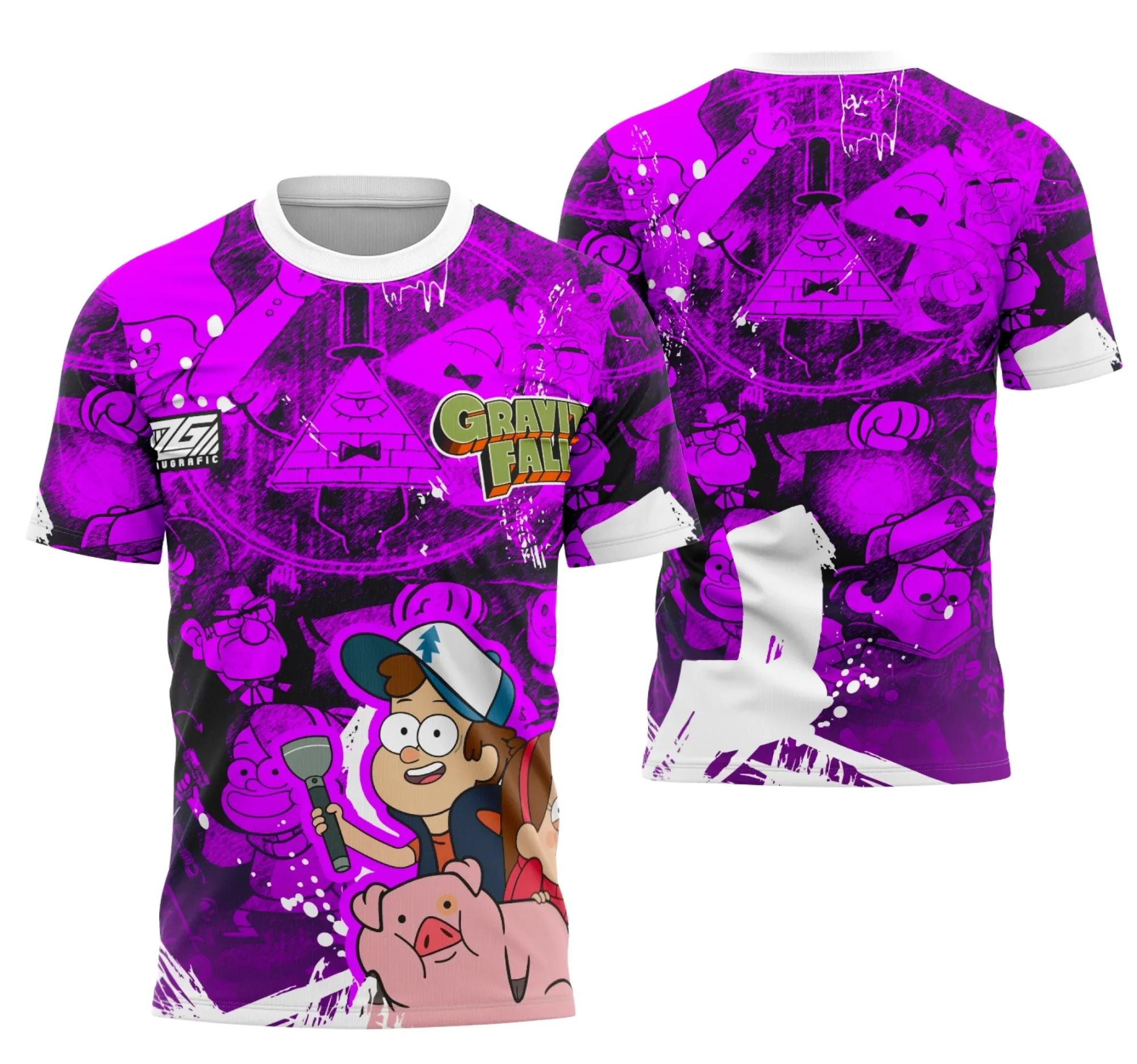 Camiseta unissex preta com logo no peito e estampa grande nas costas com tema Interclasse Gravity Falls 2025, estilo moderno e vibrante para eventos e fãs da série.