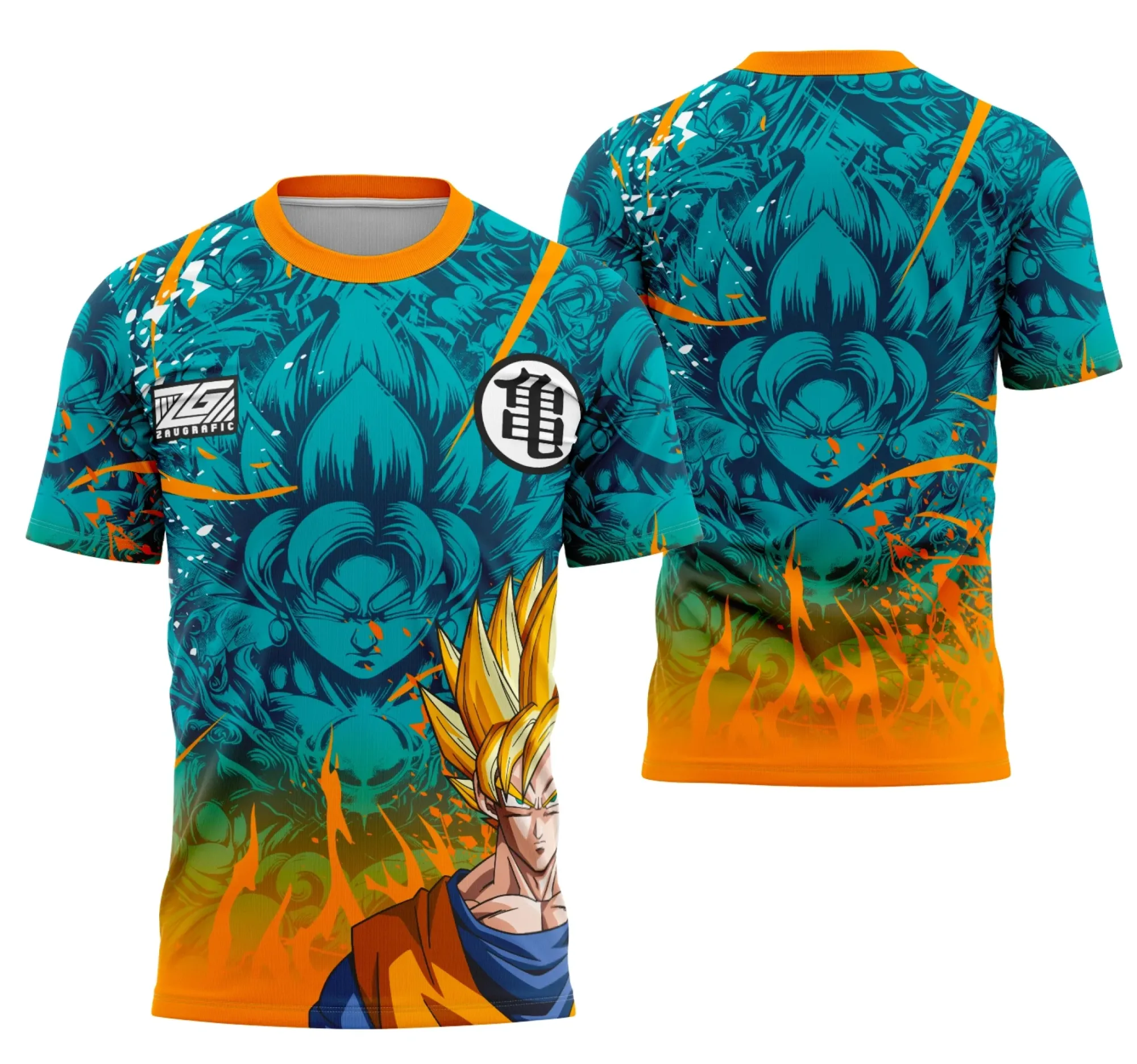 Camiseta unissex preta com logo no peito e estampa grande nas costas mostrando Goku em pose icônica do Interclasse