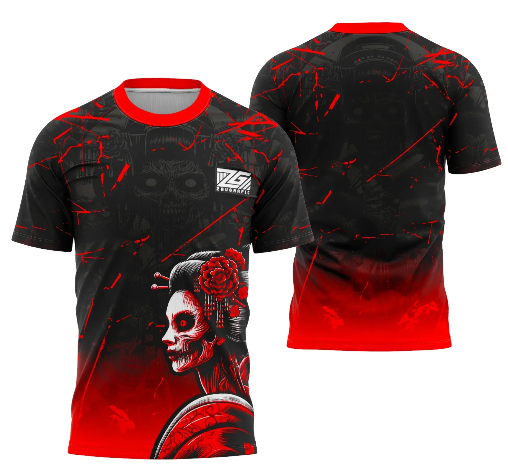 Camiseta unissex preta com logo no peito e estampa grande nas costas mostrando Gueixa Japonesa em estilo Interclasse, ideal para quem busca design marcante e cultural.