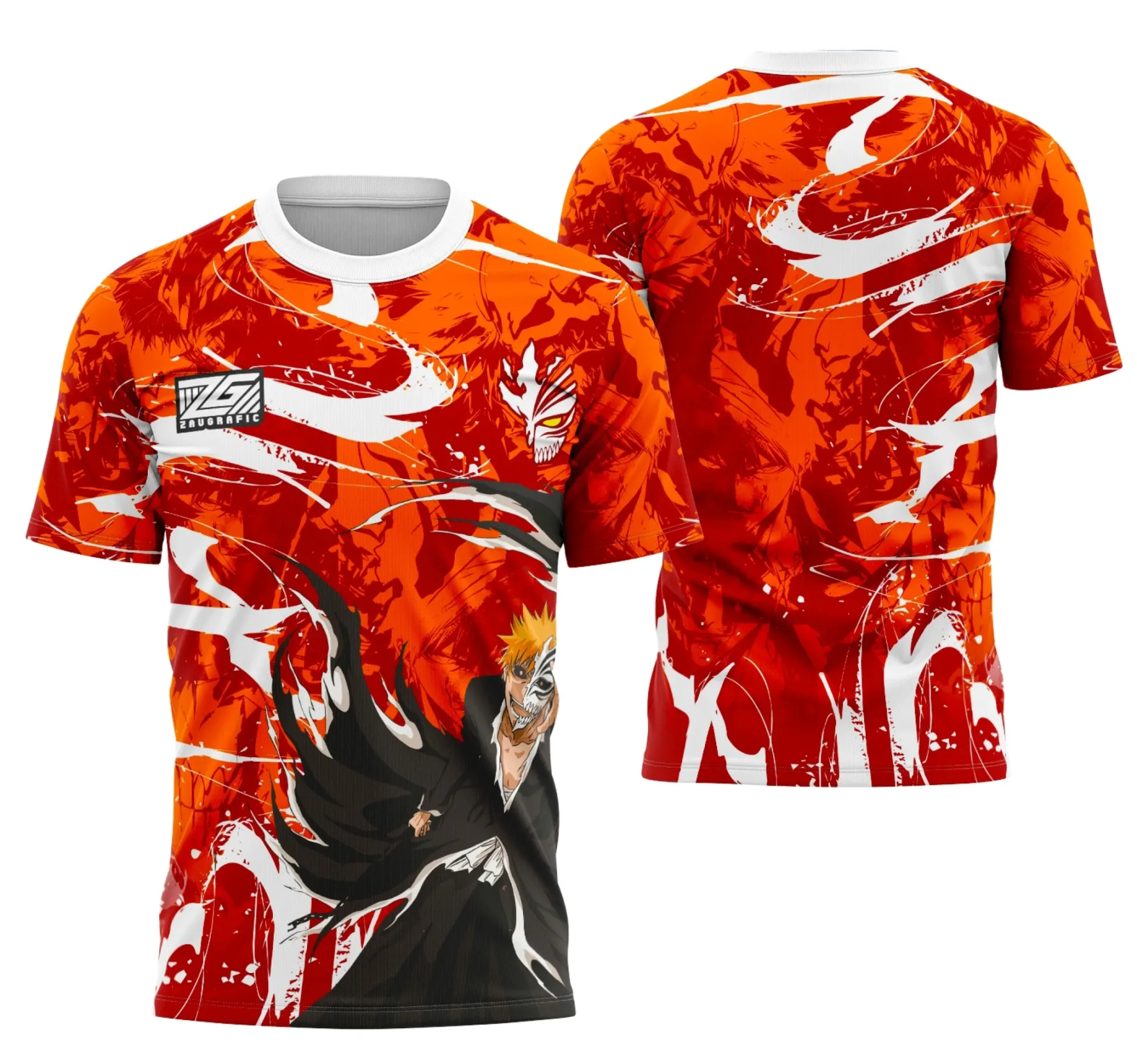 Camiseta unissex preta com logo no peito e estampa grande nas costas do personagem Ichigo Kurosaki em estilo Interclasse, ideal para fãs e eventos temáticos.