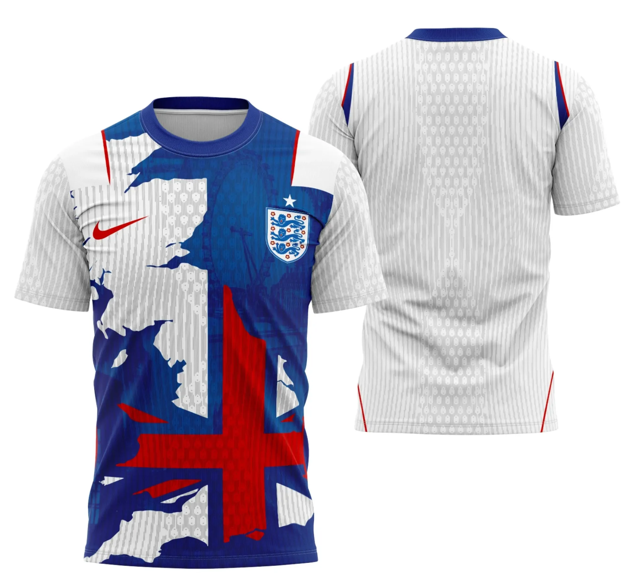 Camiseta unissex preta com logo no peito e estampa grande nas costas inspirada na camisa Interclasse Inglaterra Terceiro Kit Concept 2026, estilo moderno e vibrante para fãs de futebol.