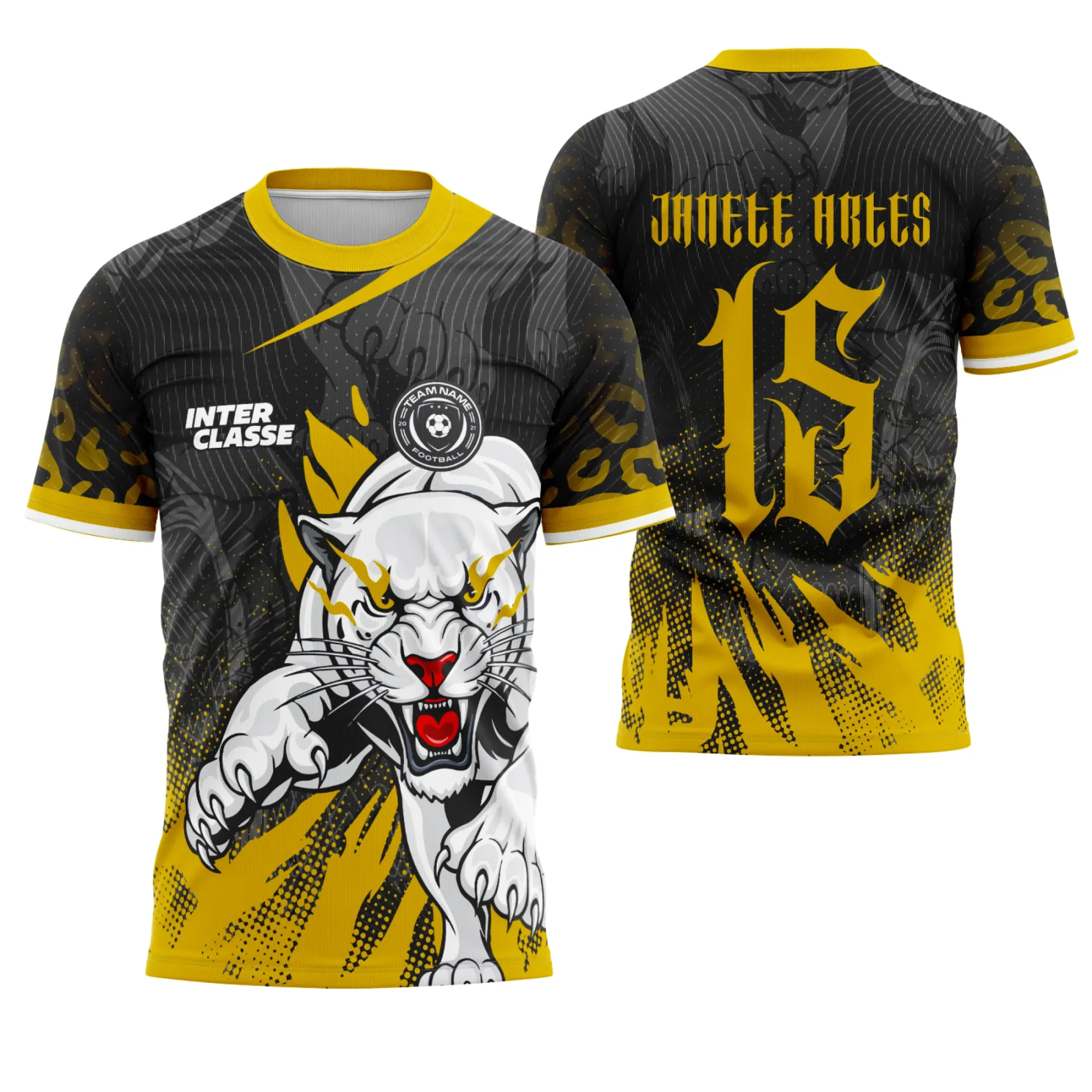 Camiseta unissex preta com logo no peito e estampa grande nas costas do Futebol Interclasse Pantera Polar 2025, modelo 3, perfeita para torcedores e atletas.