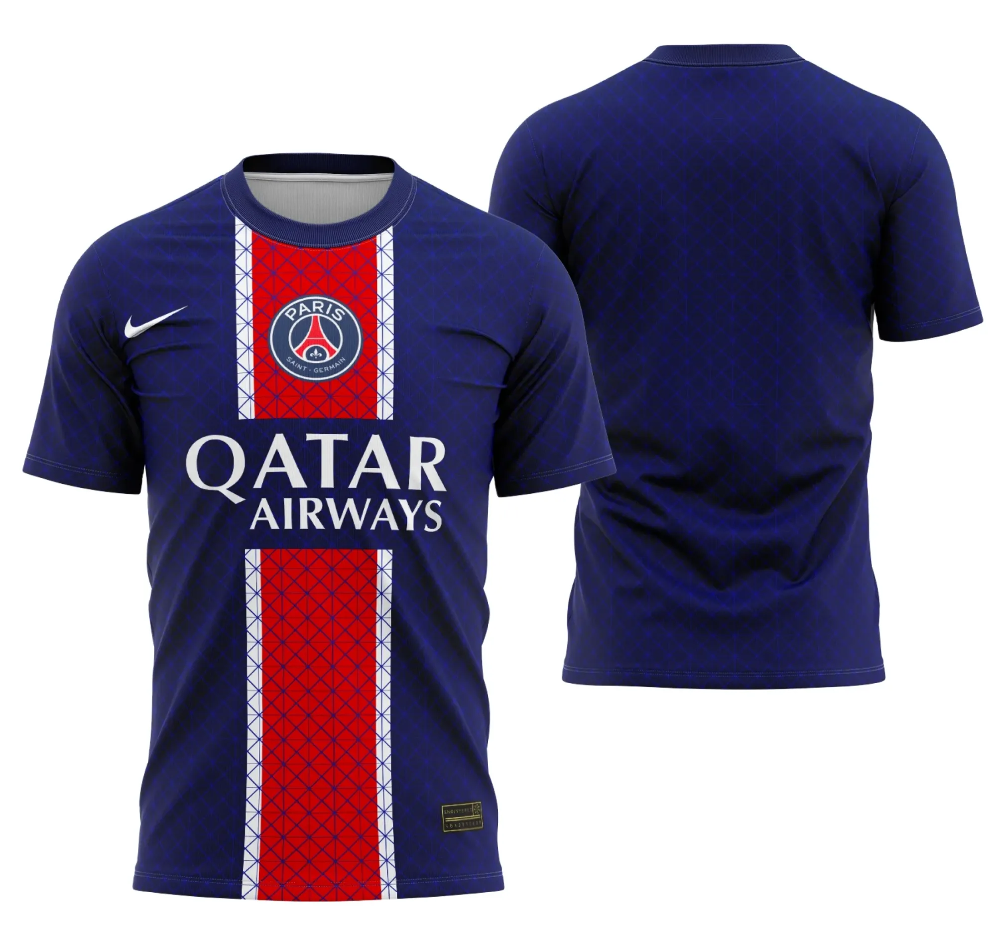 Foto de camisa unissex preta com logo no peito e estampa grande nas costas inspirada na camisa Interclasse Kit Doméstico Do Psg 25-26 Vazado, visual moderno e esportivo.