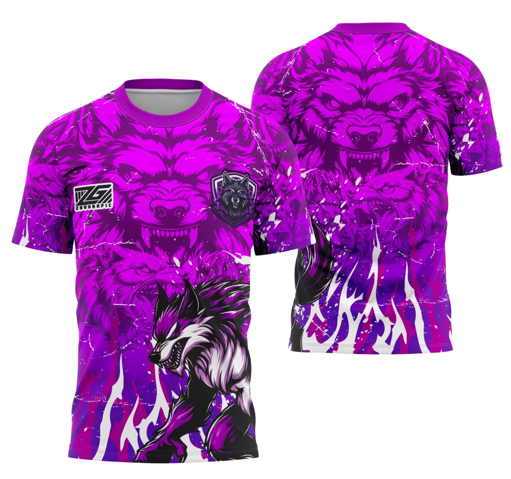 Camiseta unissex preta com logo no peito e estampa grande nas costas mostrando Lobisomem da equipe Interclasse, visual marcante e estilo urbano perfeito para fãs do tema.