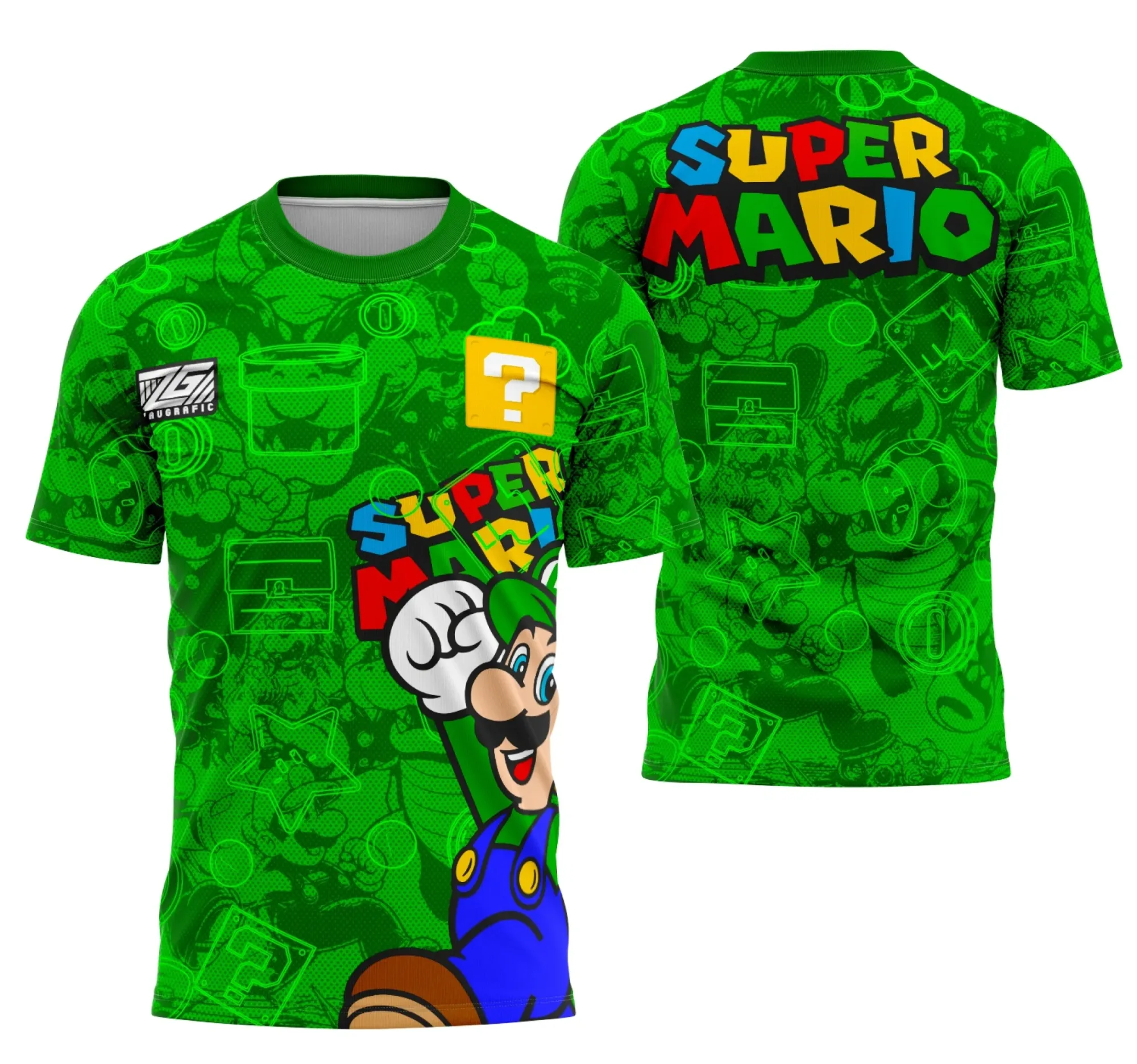 Camiseta unissex preta com logo no peito e estampa grande nas costas mostrando o personagem Luigi do Super Mario Bros em design da Série Interclasse.