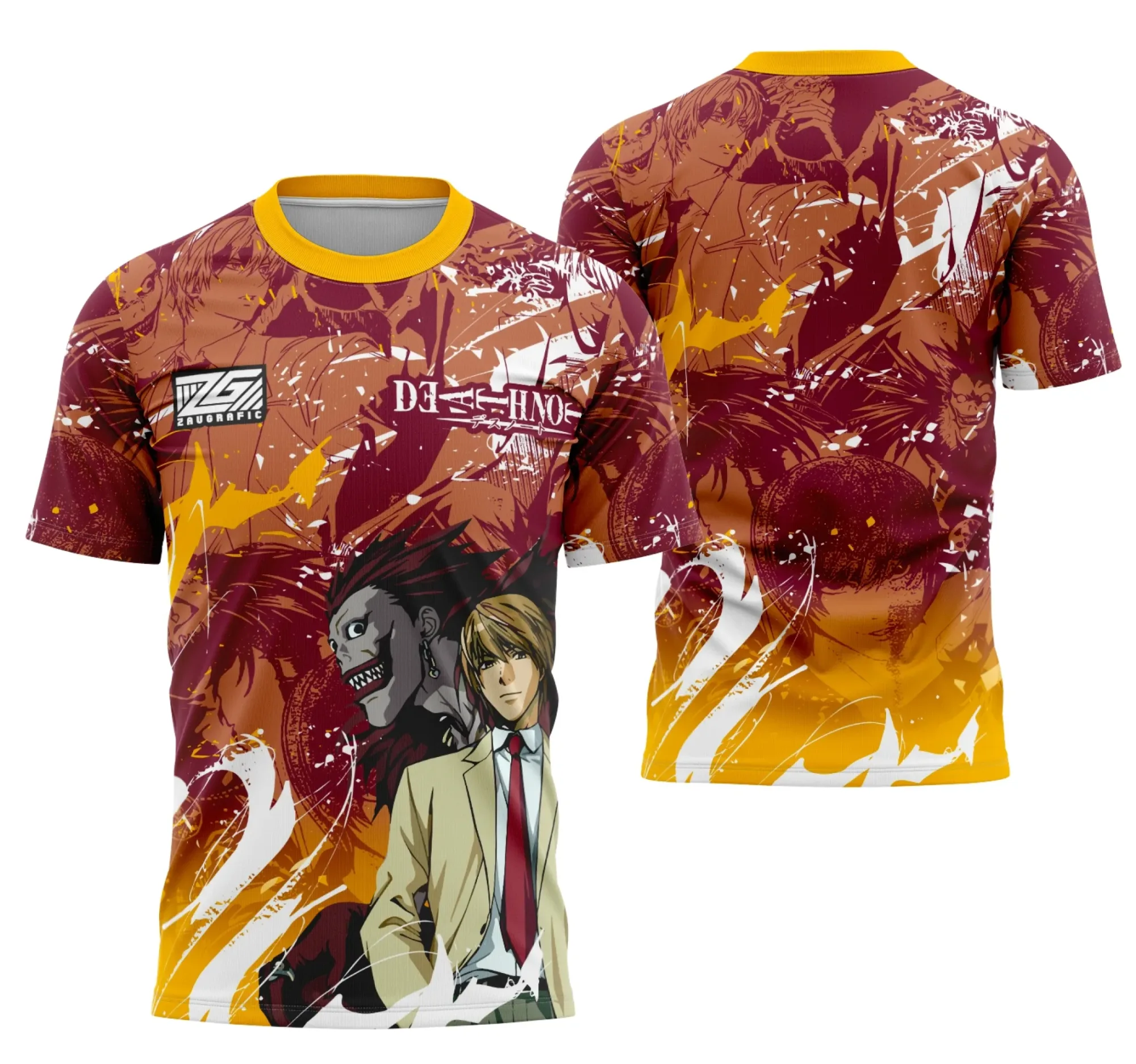 Camiseta unissex preta com logo no peito e estampa grande nas costas inspirada no personagem Luz Yagami, ideal para fãs e eventos interclasse.