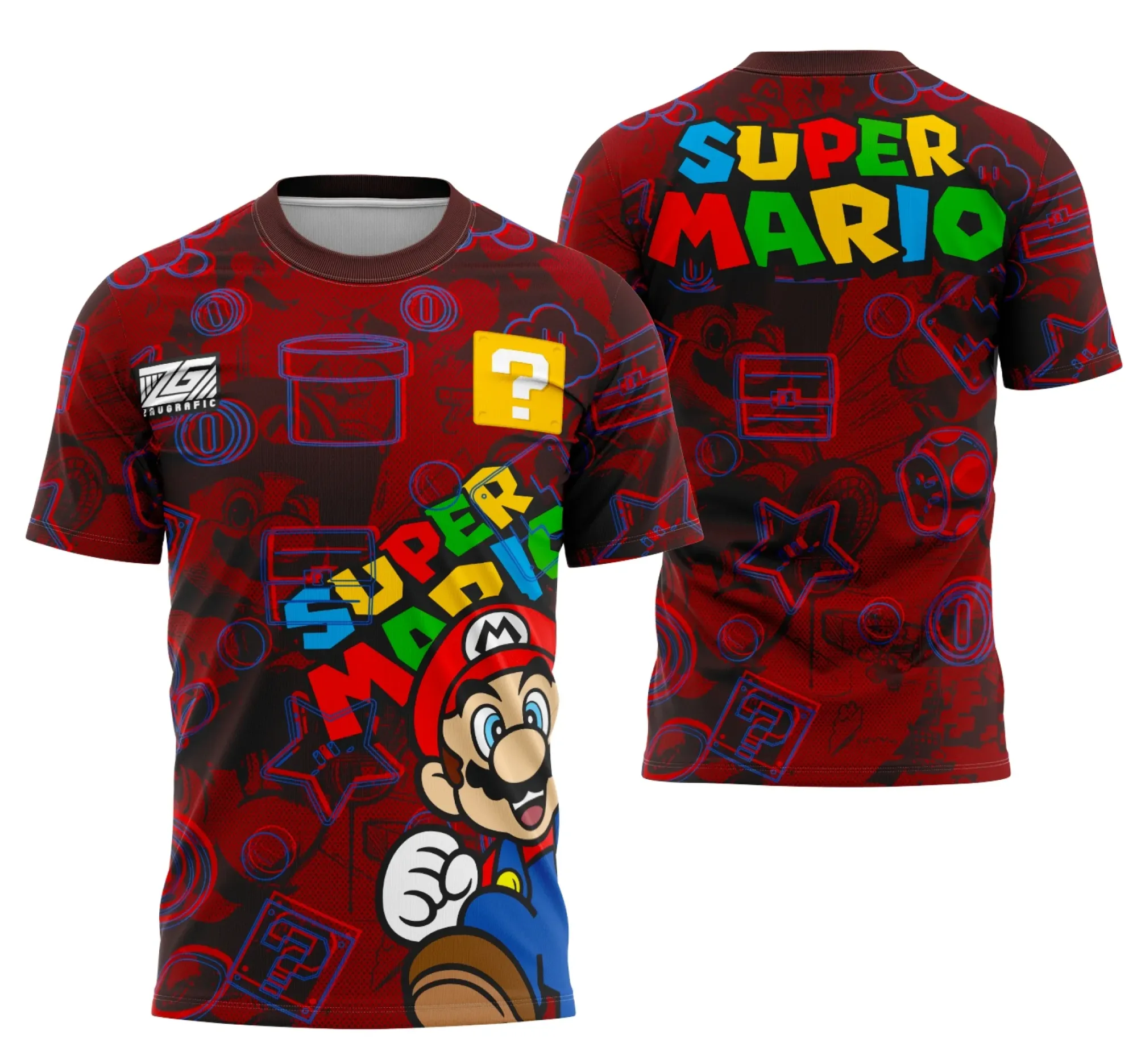 Camiseta unissex preta com logo no peito e estampa grande nas costas inspirada na série Super Mario Bros do Interclasse Mário, com design vibrante e estilo gamer.