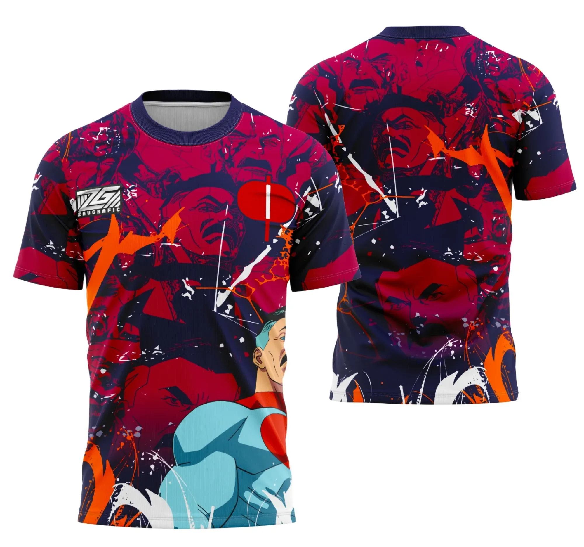 Camiseta unissex preta com logo no peito e estampa grande nas costas, tema Interclasse Omni-Homem, design moderno e impactante, perfeita para eventos ou uso casual.