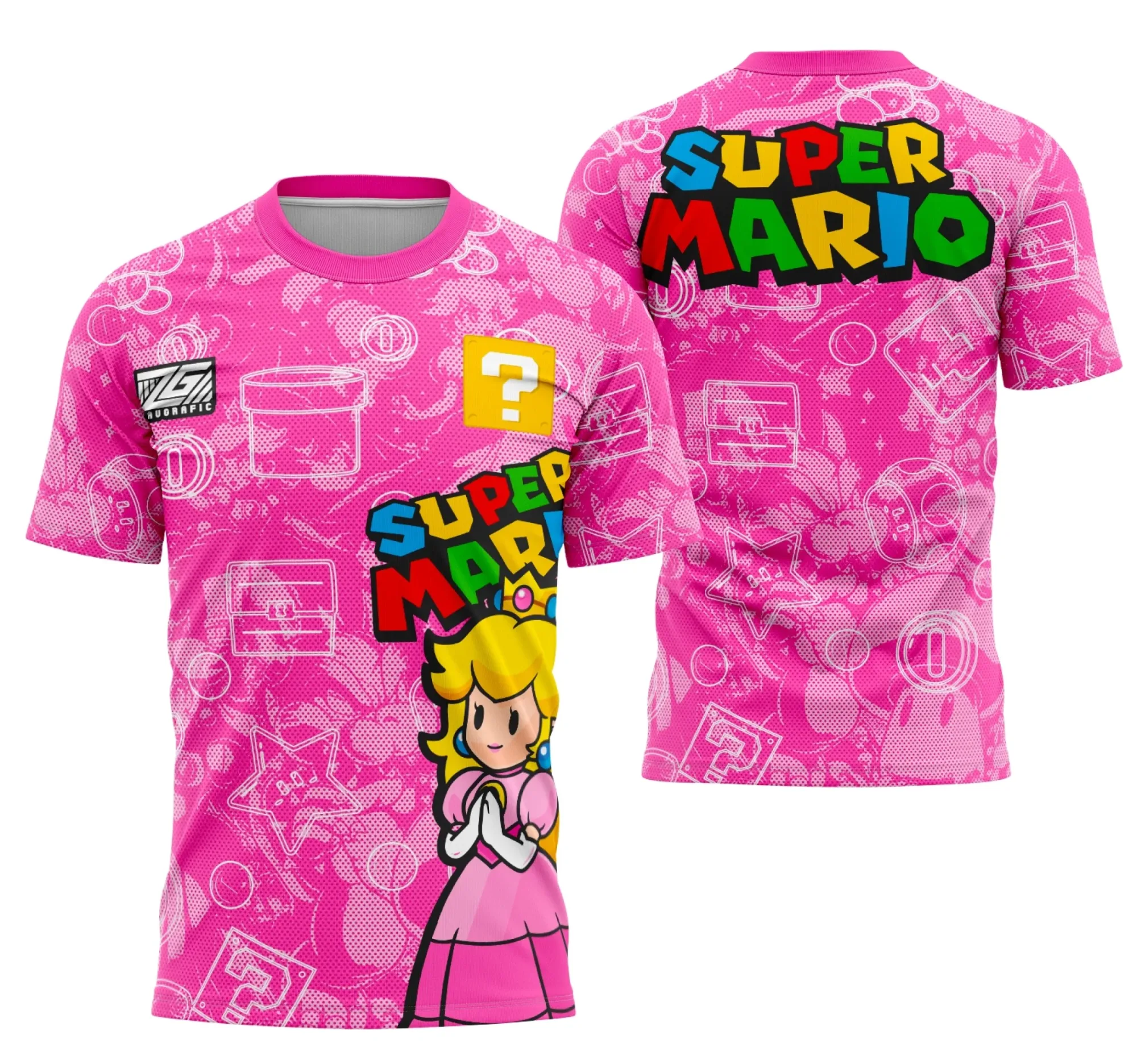 Camiseta unissex preta com logo no peito e estampa grande nas costas do tema Princesa Peach da Série Super Mario Bros, ideal para fãs do clássico jogo de videogame.