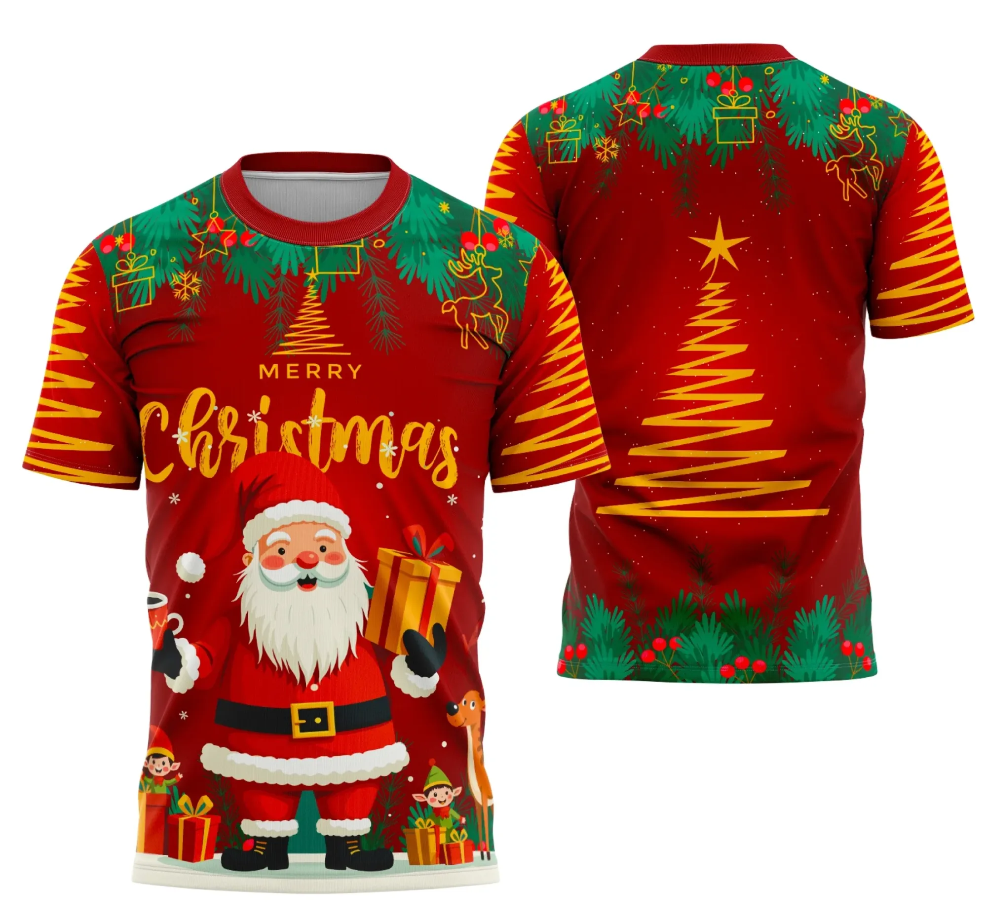 Camisa unissex preta com logo no peito e estampa grande nas costas com tema Interclasse Projeto De Natal 7, ideal para eventos escolares e confraternizações.