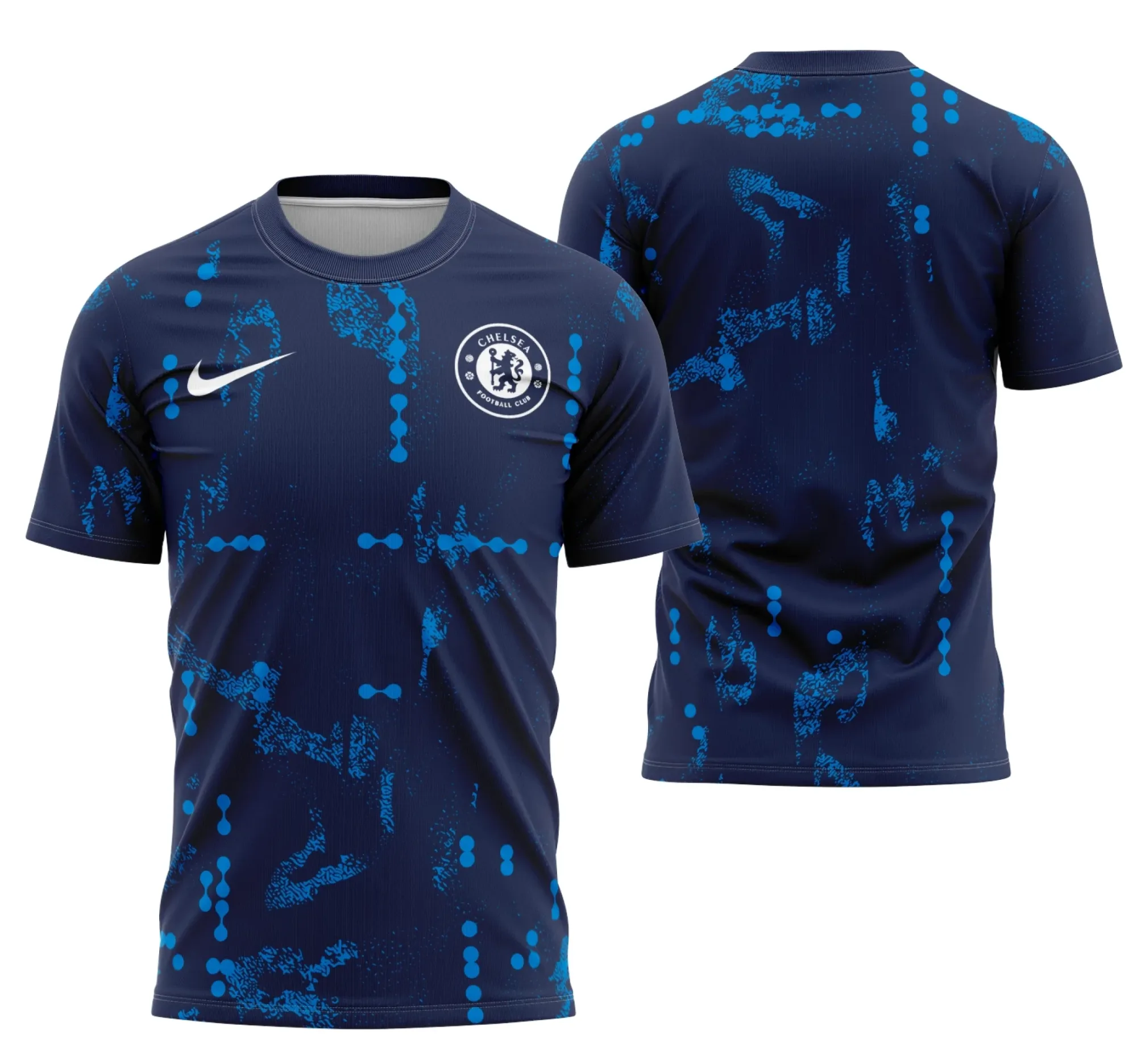Camisa preta unissex com logo no peito e estampa grande nas costas da Interclasse Pré-Jogo do Chelsea 2024-25, estilo moderno e elegante, perfeita para torcedores e eventos.