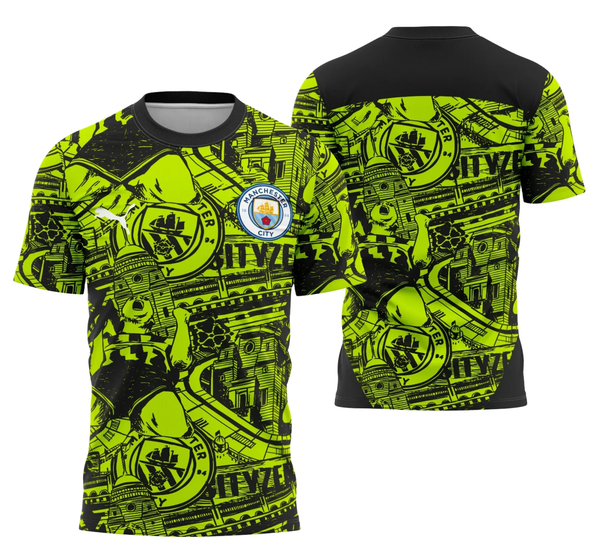 Camiseta unissex branca com logo no peito e estampa grande nas costas do Interclasse Pré-Jogo do Manchester City, perfeita para fãs e eventos esportivos.