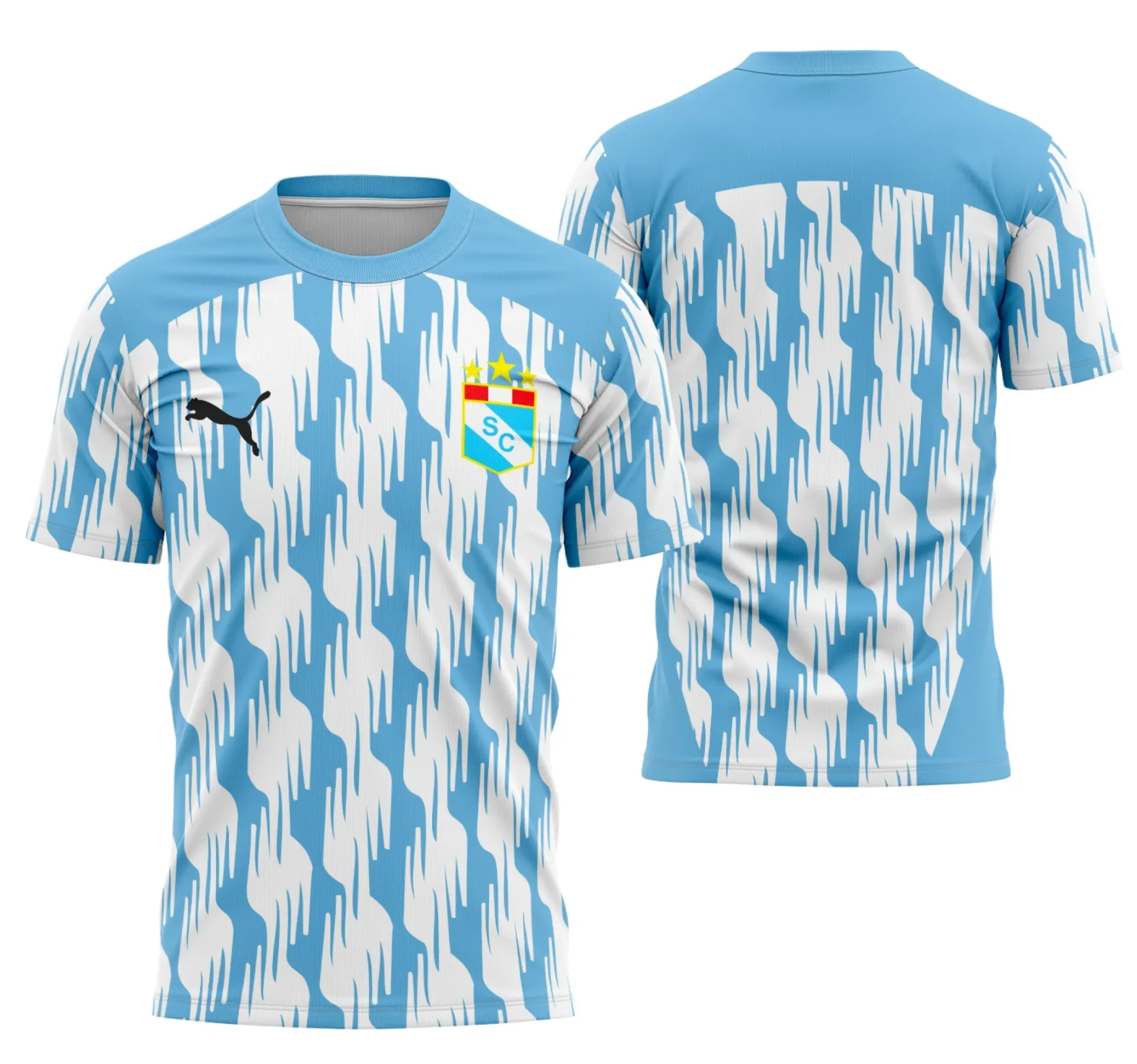 Camiseta unissex branca com logo no peito e estampa grande nas costas do Interclasse Pré-Jogo do Sporting Cristal, ideal para quem gosta de estilo e torcida vibrante.