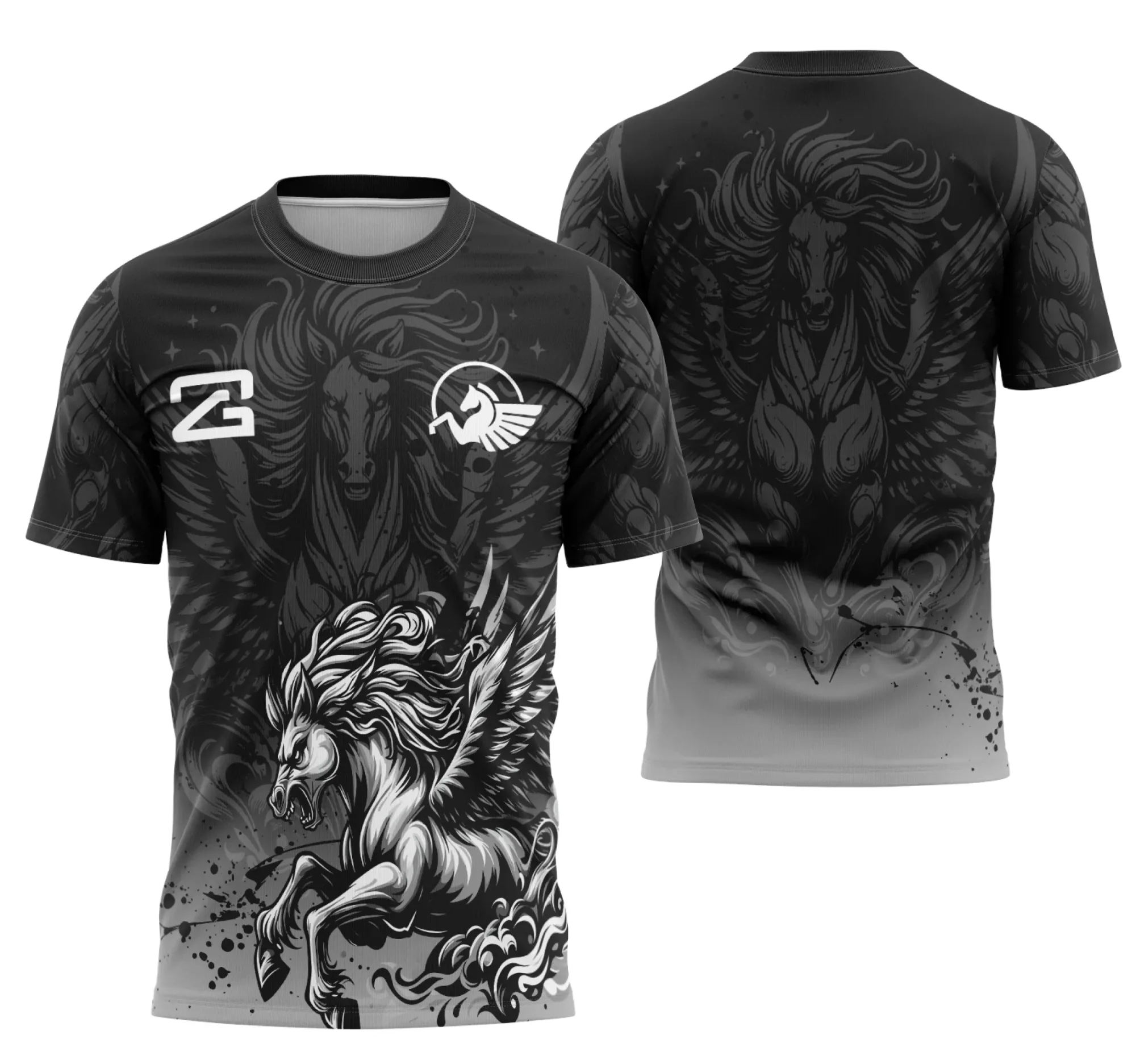 Camiseta unissex preta com logo no peito e estampa grande nas costas da Interclasse Pégaso, perfeita para eventos e times escolares.