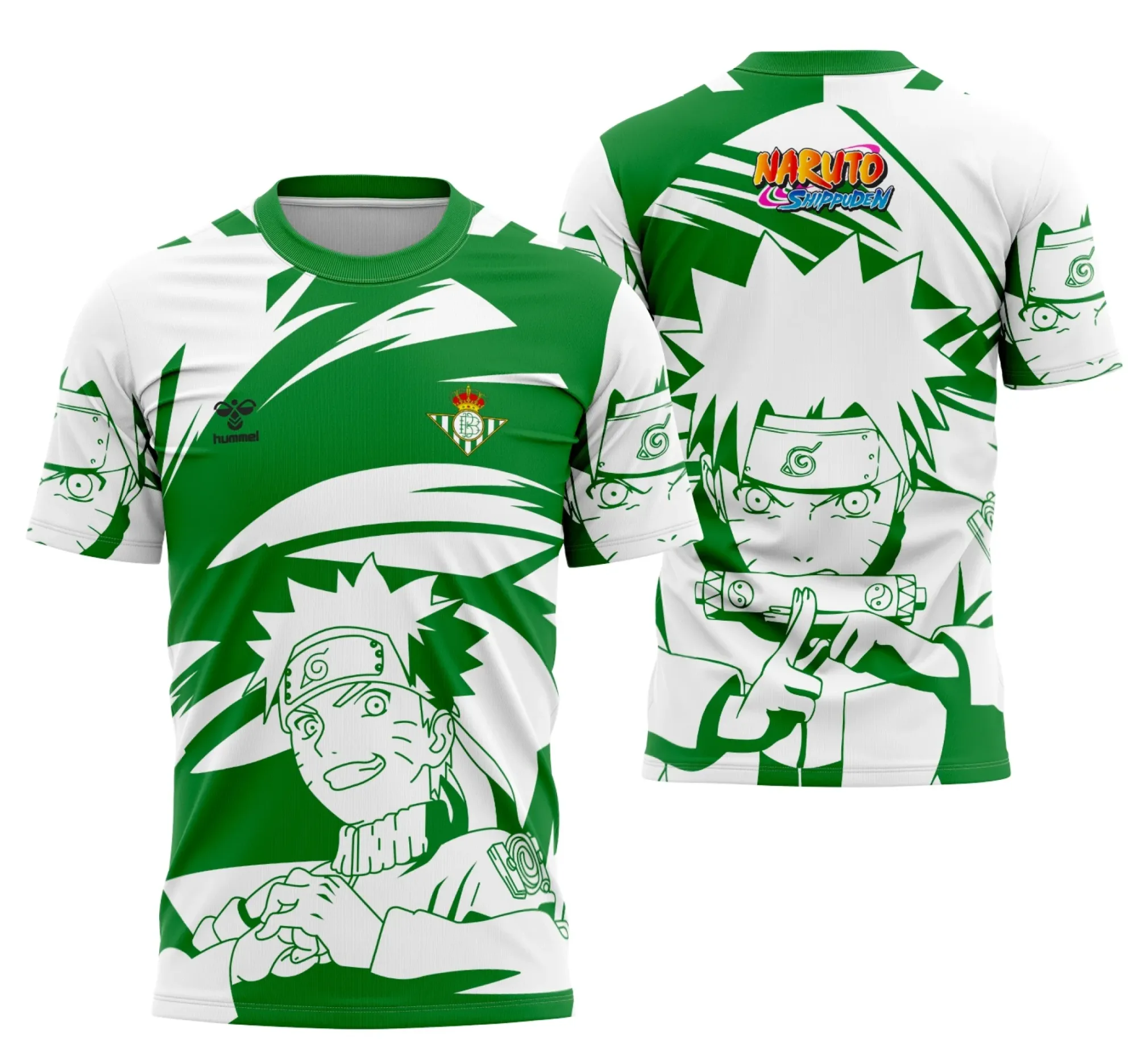 Camiseta unissex preta com logo no peito e estampa grande nas costas inspirada no Interclasse Real Betis 2025 e Naruto, perfeito para fãs do anime e do futebol.