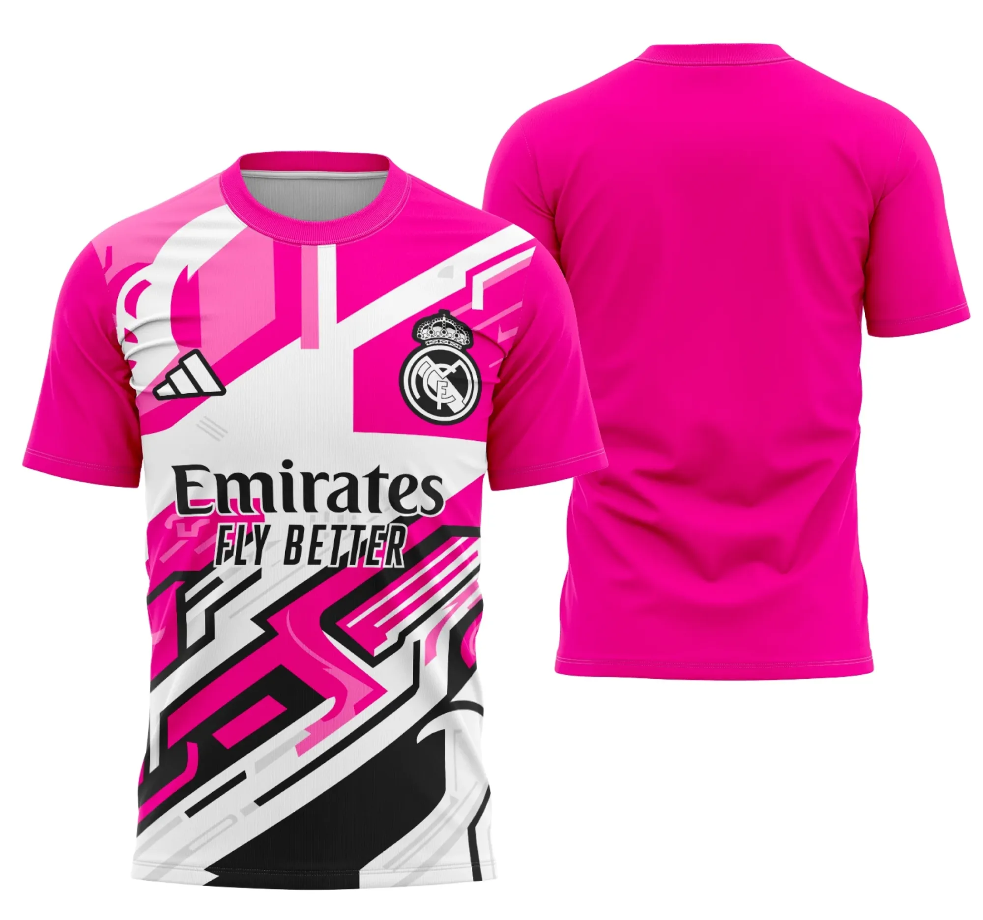 Camiseta unissex branca com logo no peito e estampa grande nas costas inspirada no Interclasse Real Madrid, design moderno e impactante para todos os fãs.