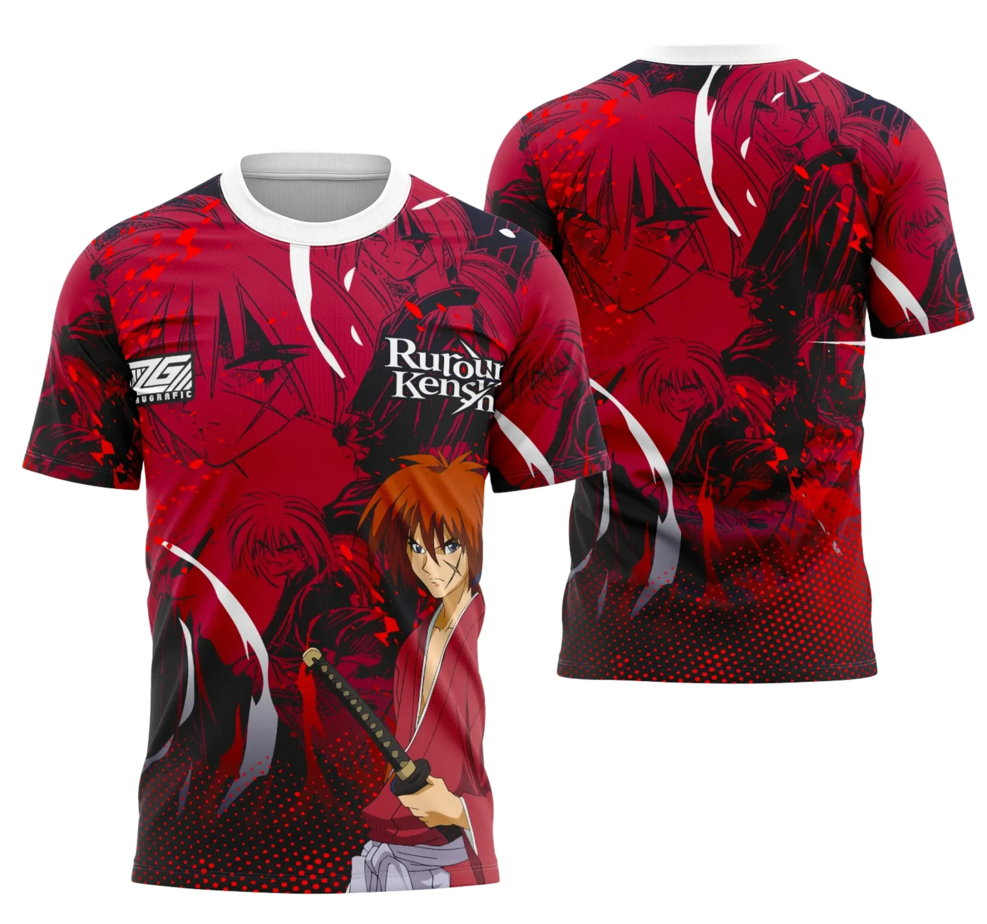 Camiseta unissex preta com logo no peito e estampa grande nas costas inspirada em Rurouni Kenshin, ideal para fãs, com design marcante e cores vibrantes.