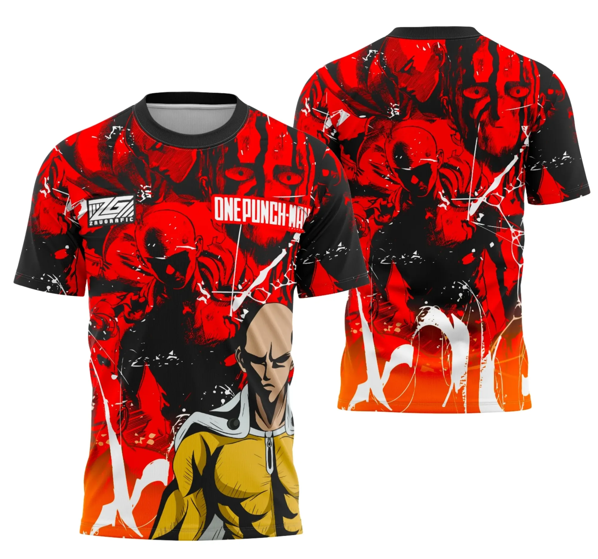 Foto de camiseta unissex preta com logo no peito e estampa grande nas costas inspirada no Interclasse Saitama, design moderno e visual impactante para fãs de anime e estilo urbano.