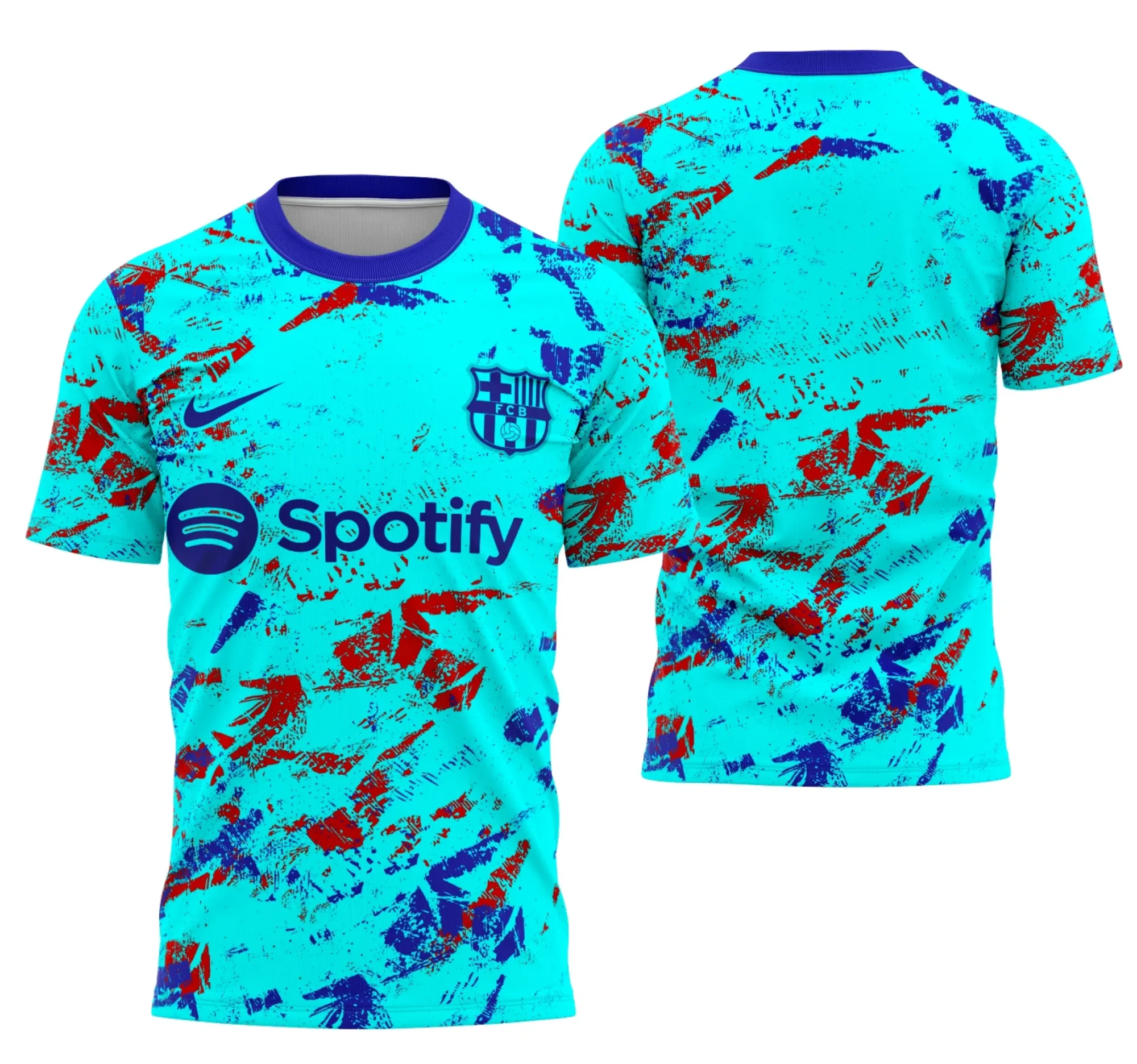 Camiseta unissex preta com logo no peito e estampa grande nas costas inspirada no terceiro kit do Barcelona, ideal para fãs de futebol e estilo urbano.