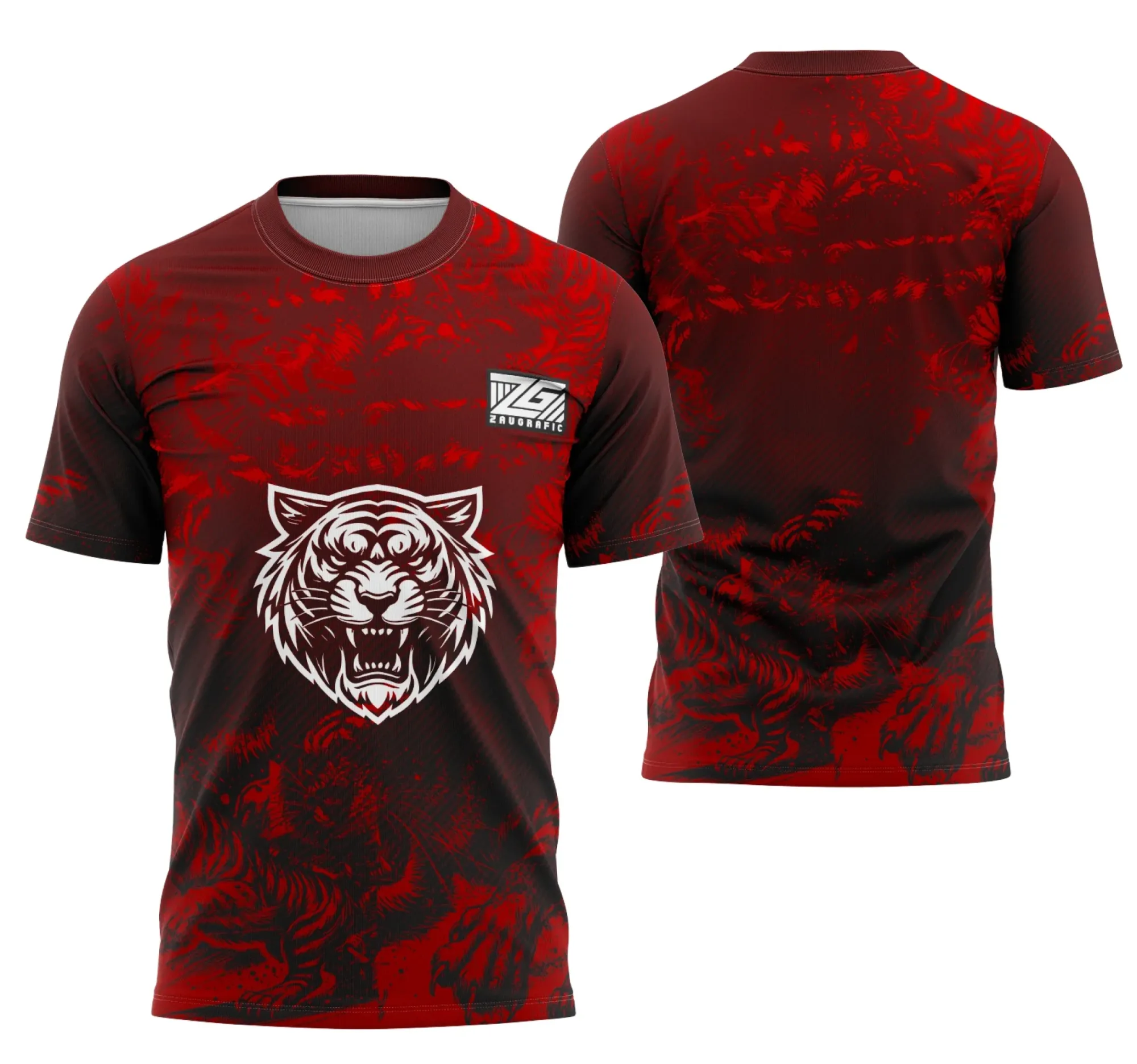 Camiseta unissex preta com logo no peito e estampa grande nas costas mostrando Tigre Vermelho em design vibrante na temática Interclasse.