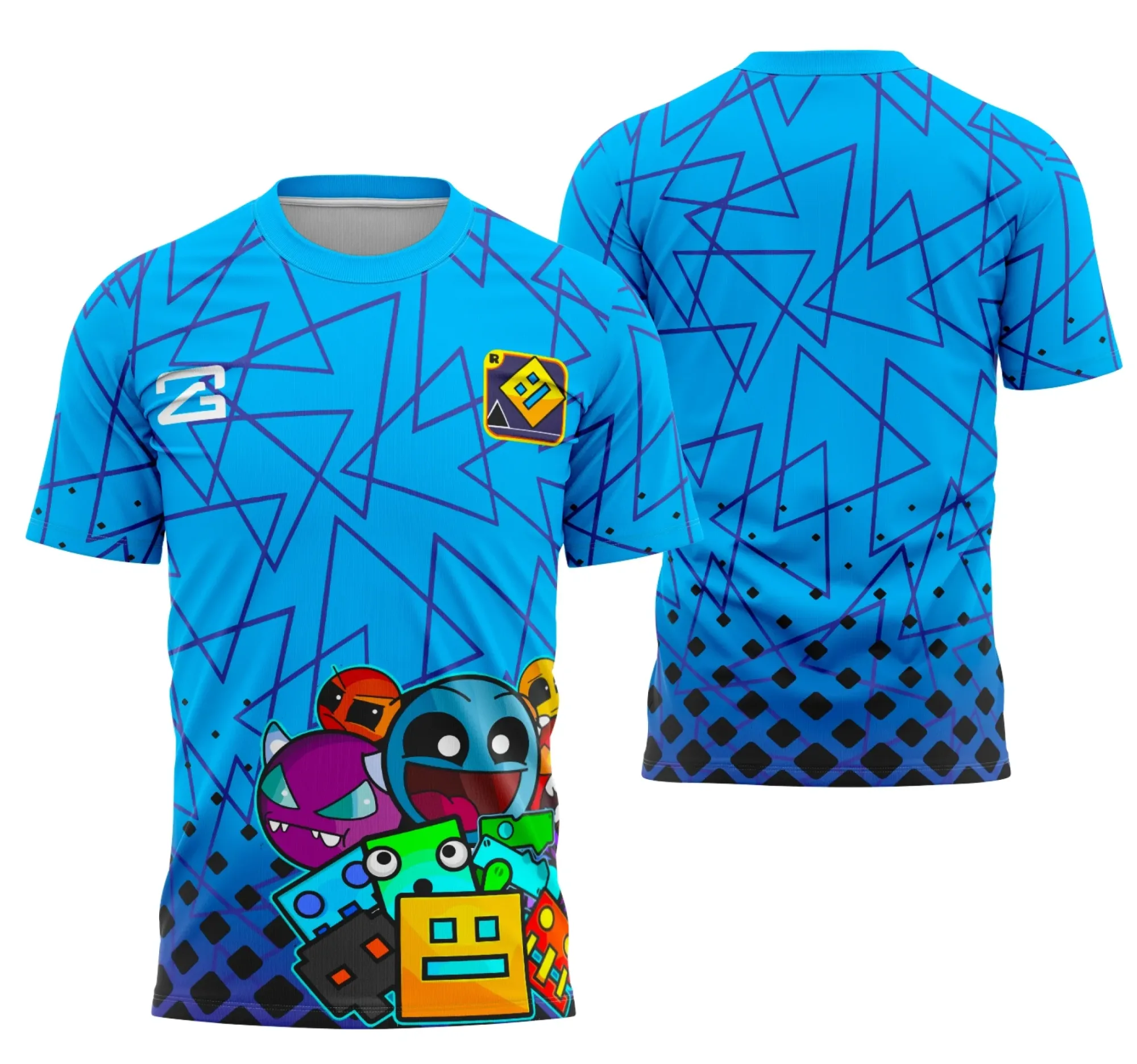 Camiseta unissex preta com logo no peito e estampa grande nas costas com traços geométricos modernos, estilo Interclasse, ideal para uso casual e eventos.