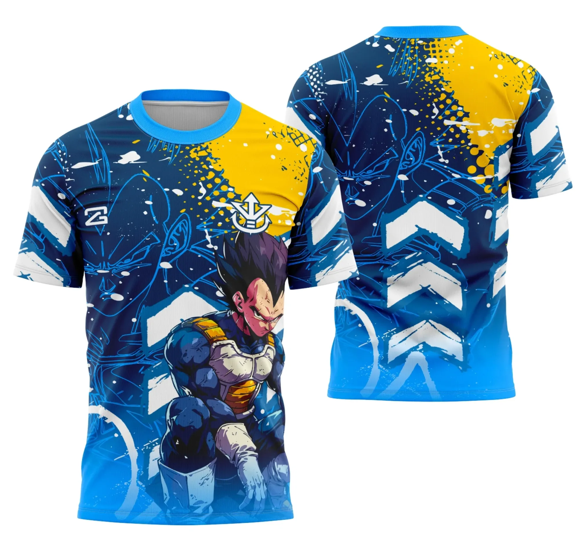 Camiseta unissex preta com logo no peito e estampa grande nas costas com tema Interclasse Vegeta, ideal para fãs que buscam estilo e conforto.