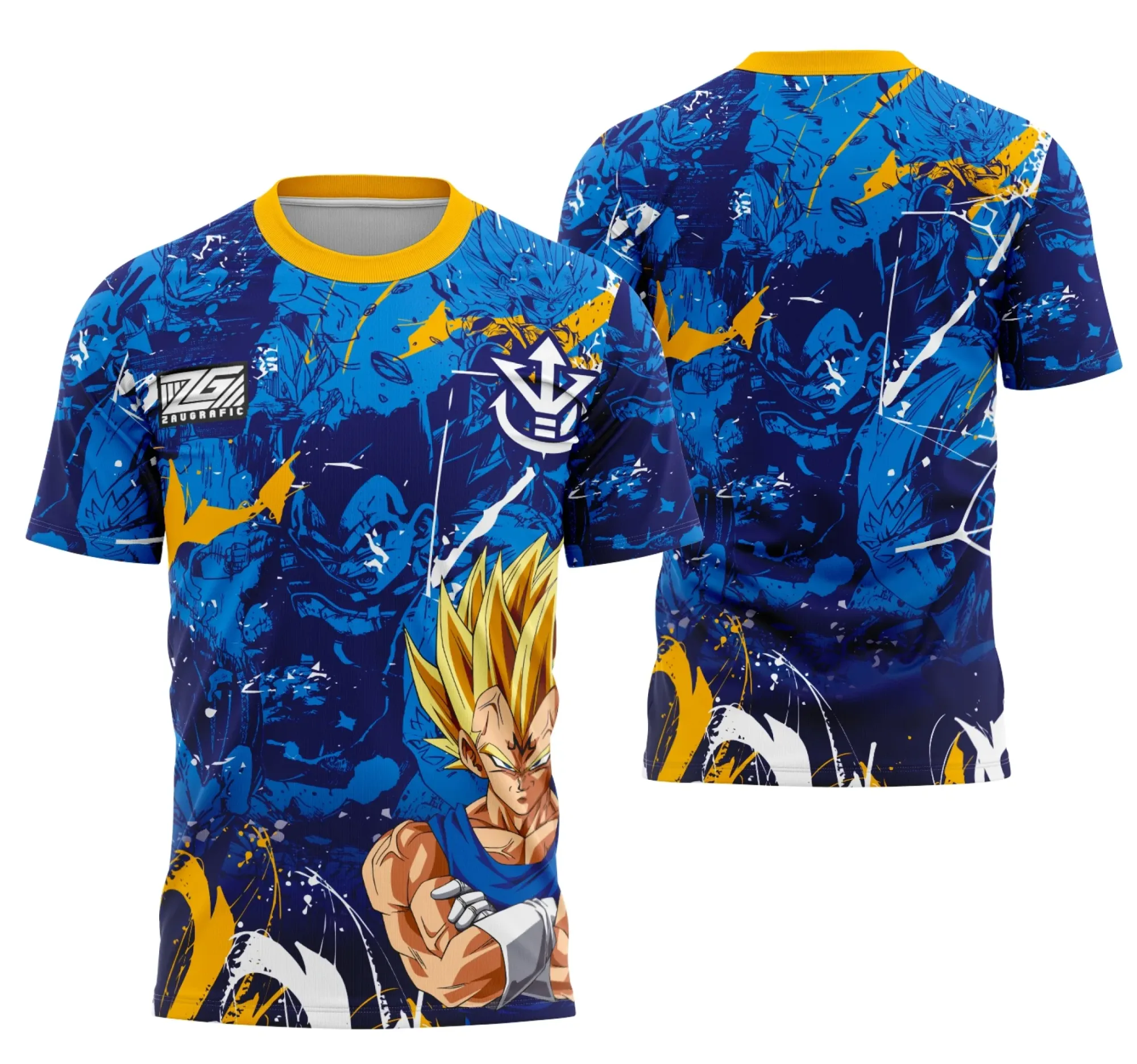Camiseta preta unissex com logo no peito e estampa grande nas costas do personagem Vegeta no estilo Interclasse, perfeita para fãs que buscam destaque e conforto.