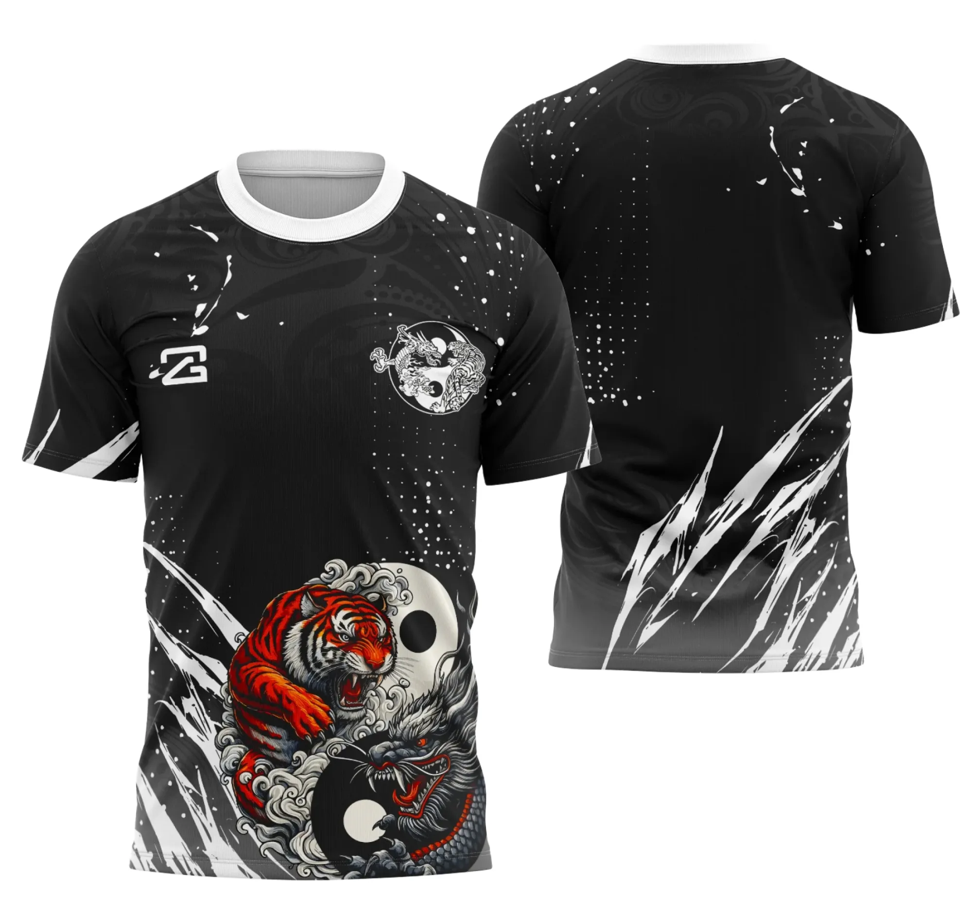 Camiseta unissex preta com logo no peito e estampa grande nas costas com design inspirado na Interclasse Yingang, perfeita para uso casual ou eventos escolares.