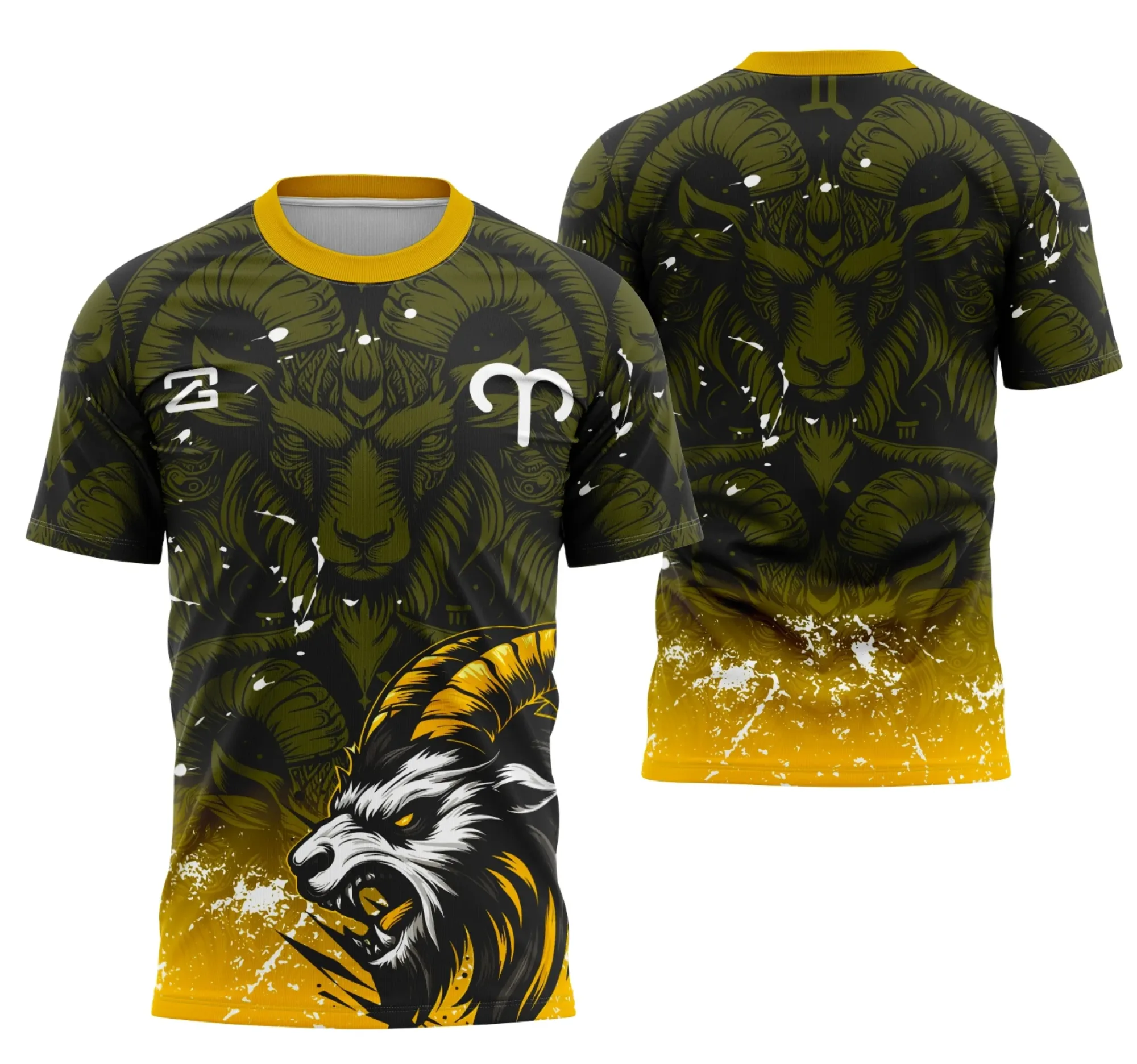 Camiseta unissex preta com logo no peito e estampa grande nas costas do Zodíaco Áries, ideal para quem ama astrologia e estilo casual.