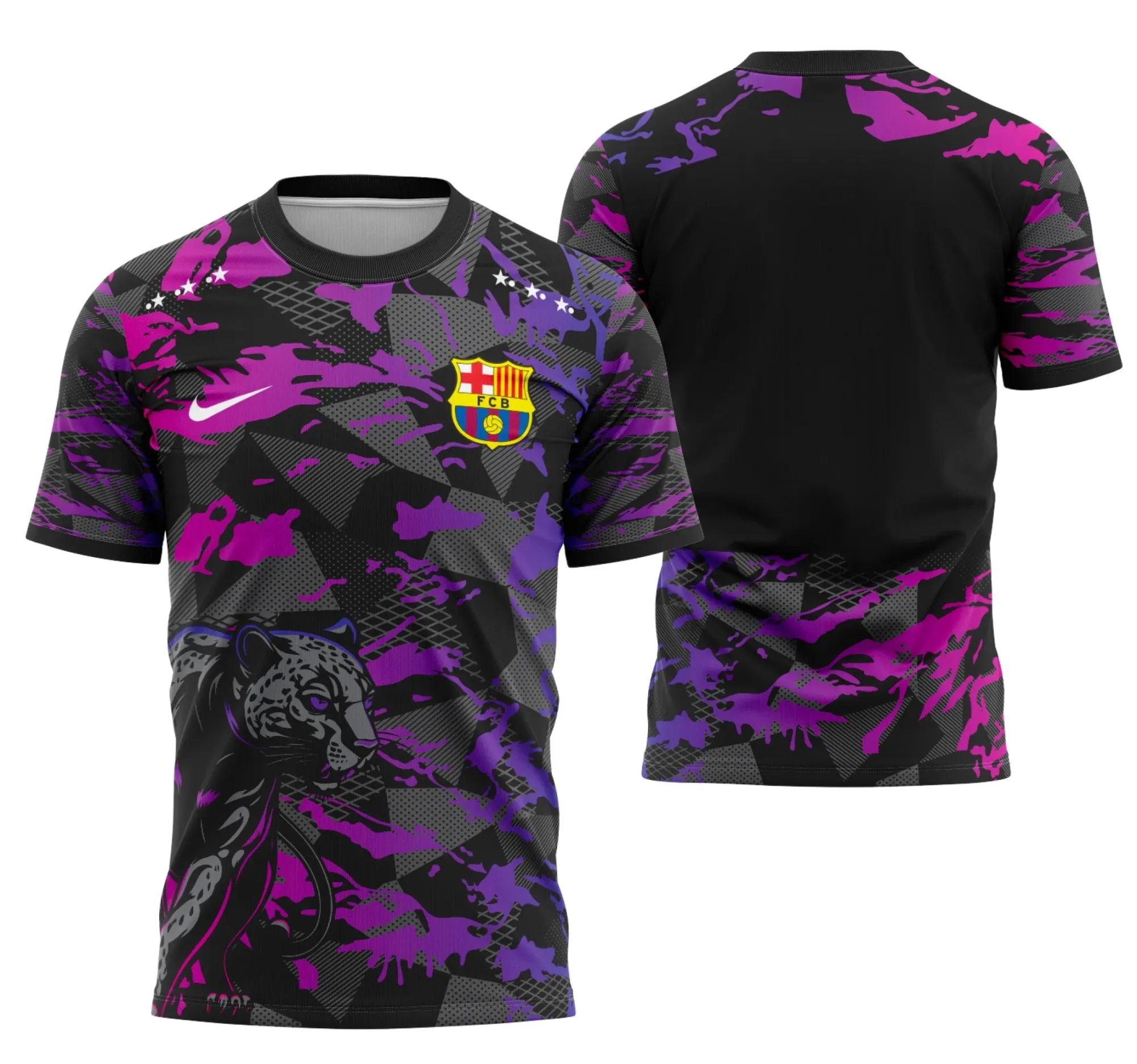 Camiseta unissex preta com logo no peito e estampa grande nas costas temática Barcelona Interclasse 2025 modelo 1, ideal para quem busca design moderno e esportivo.