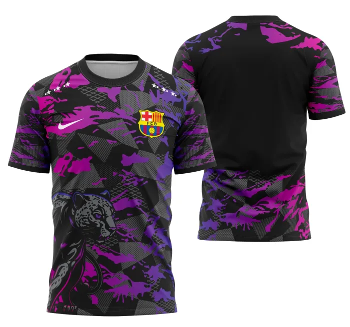 Camiseta unissex preta com logo no peito e estampa grande nas costas temática Barcelona Interclasse 2025 modelo 1, ideal para quem busca design moderno e esportivo.