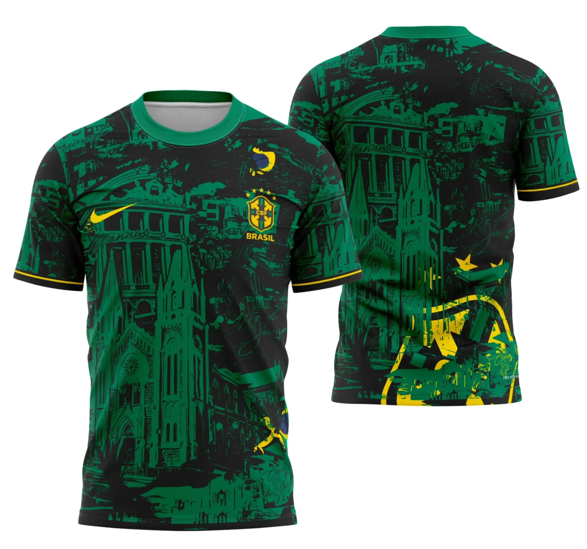 Camiseta unissex preta com logo no peito e estampa grande nas costas, temática Brasil Interclasse 2025, design moderno para eventos escolares e esportivos.