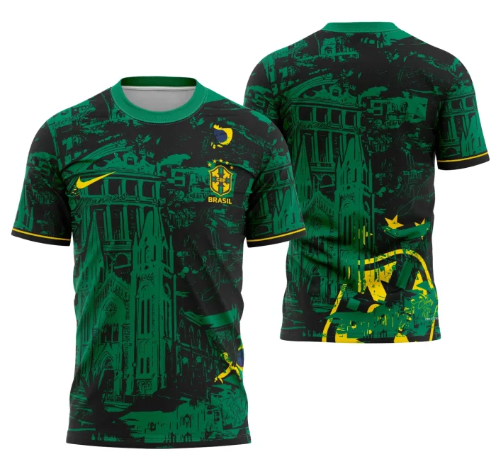 Camiseta unissex preta com logo no peito e estampa grande nas costas, temática Brasil Interclasse 2025, design moderno para eventos escolares e esportivos.