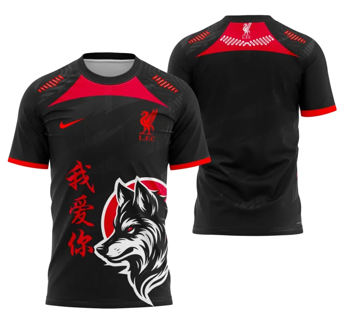 Camiseta unissex preta com logo no peito e estampa grande nas costas com tema Liverpool Interclasse 2025, destacando estilo esportivo e conforto para torcedores e eventos