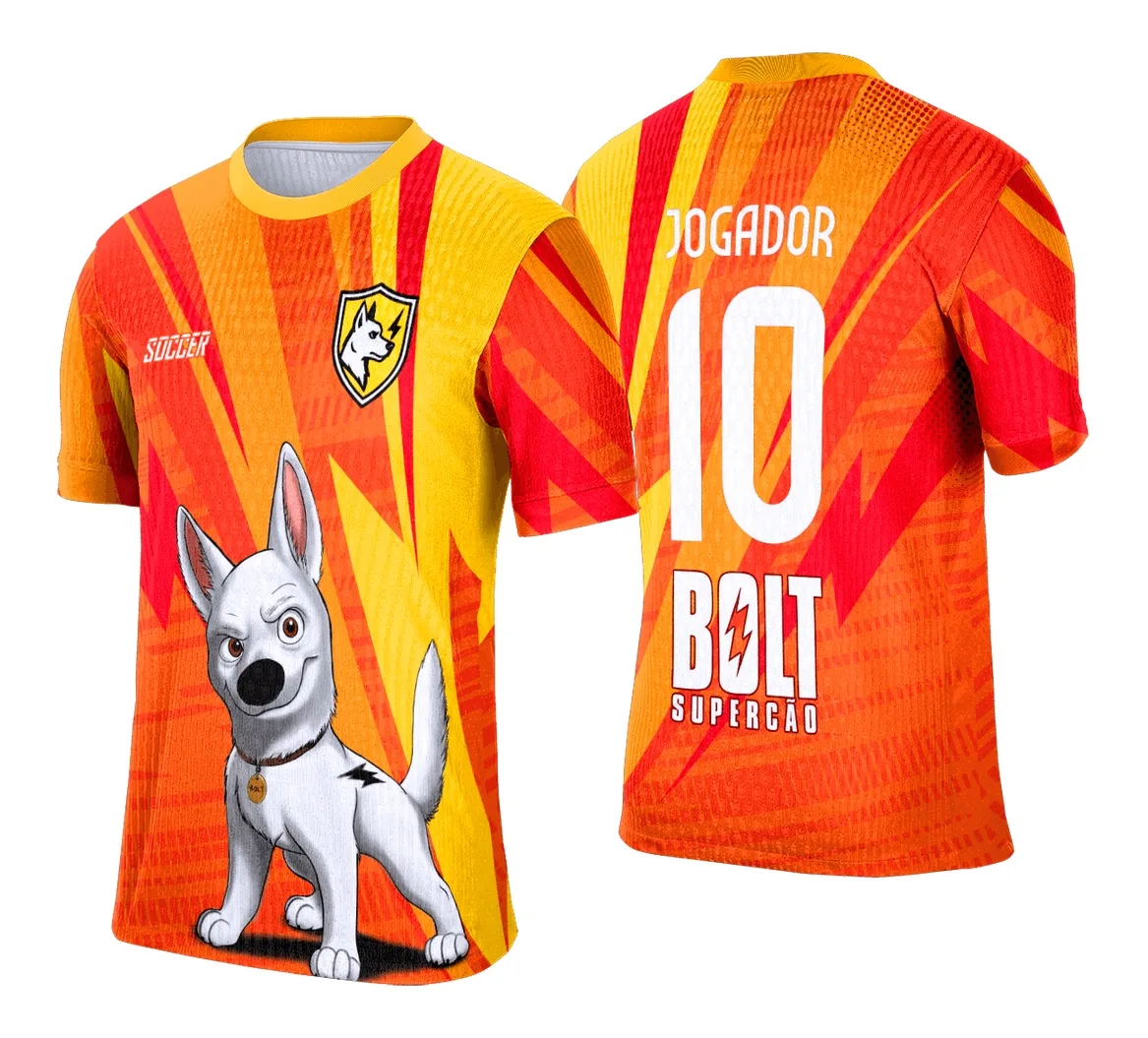 Camiseta unissex preta com logo no peito e estampa grande nas costas do personagem Bolt Super Cão, ideal para fãs de animação e eventos escolares.