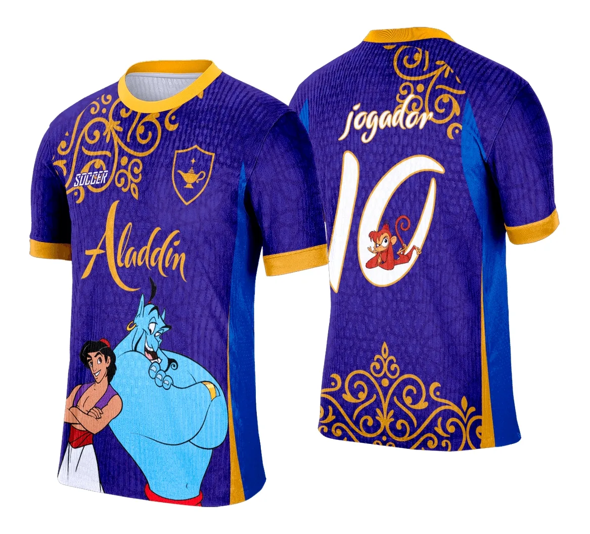 Camiseta unissex branca com logo no peito e estampa grande nas costas inspirada no tema Interclasse Aladdin, perfeita para quem busca estilo e identidade em eventos escolares.