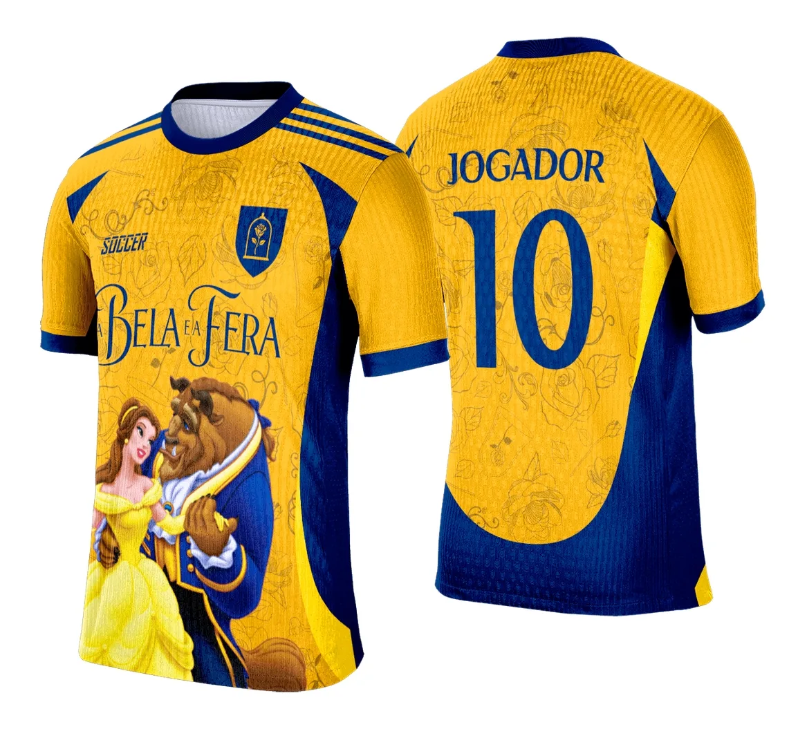 Camiseta unissex preta com logo no peito e estampa grande nas costas inspirada em Interclasse A Bela e a Fera, com design vibrante e detalhes marcantes para fãs e eventos.