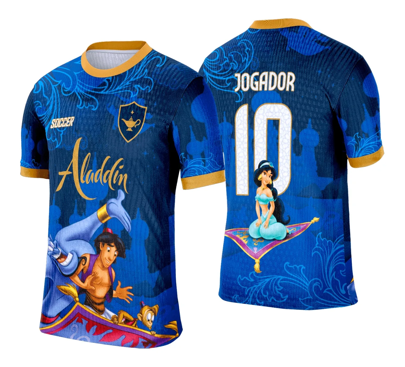 Camiseta unissex branca com logo no peito e estampa grande nas costas inspirada em Interclasse Aladdin, design moderno e cheio de personalidade.