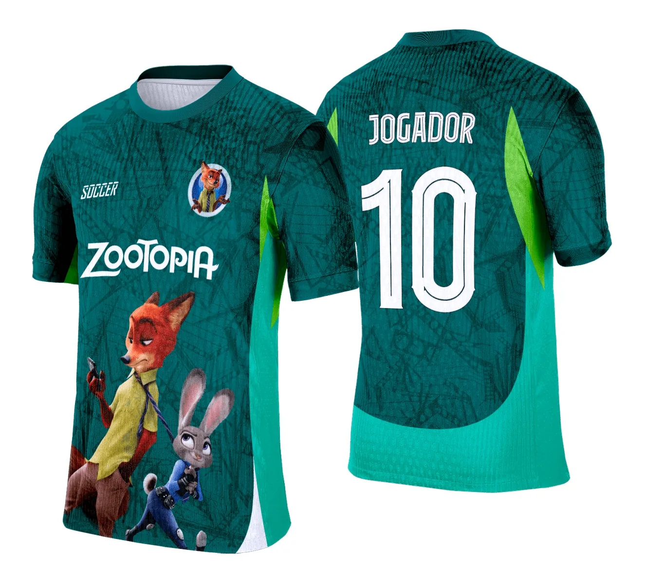 Camiseta unissex preta com logo no peito e estampa grande nas costas, tema Interclasse Zootopia, perfeita para fãs e eventos escolares.