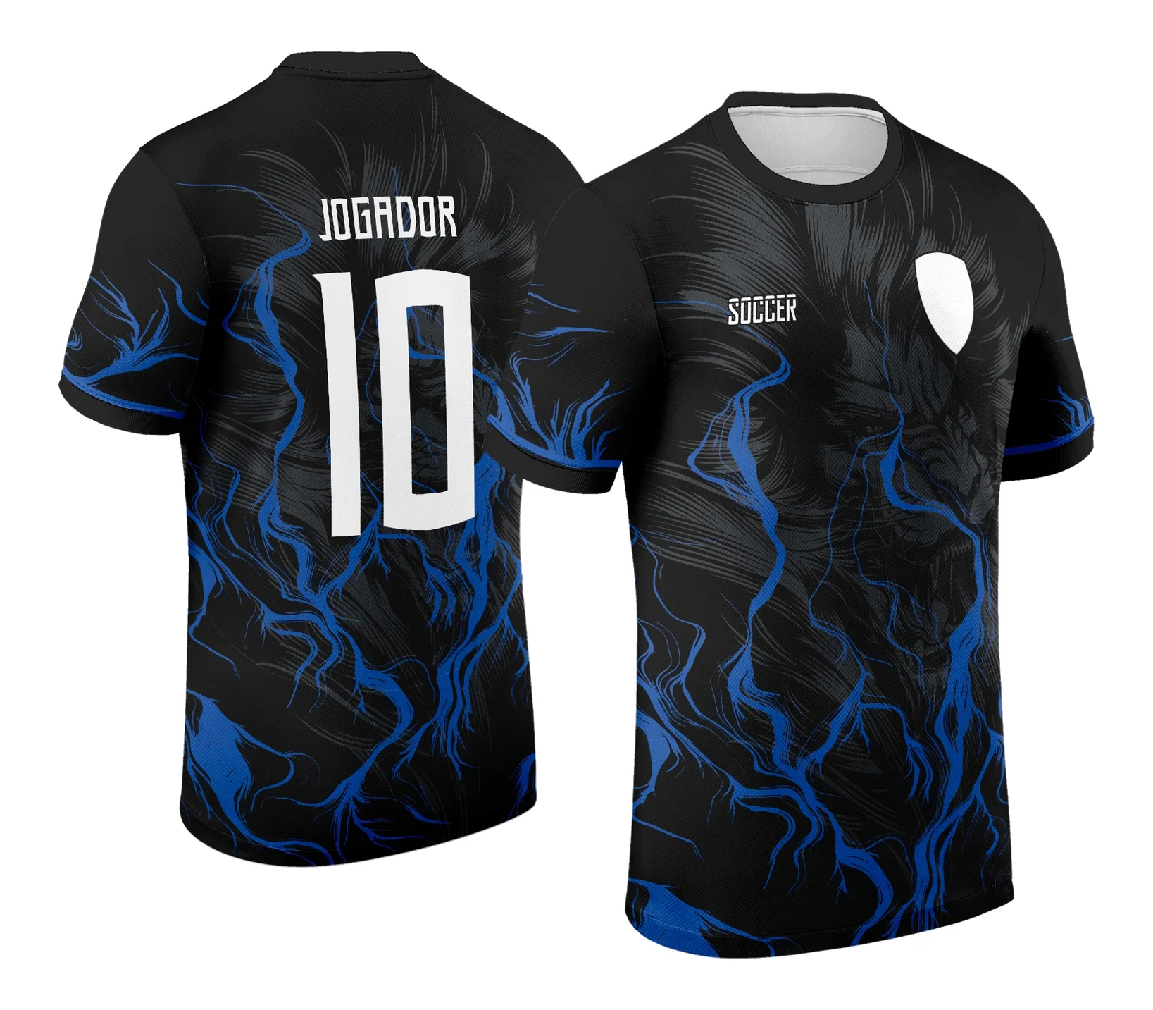 Camiseta unissex preta com logo no peito e estampa grande nas costas de um leão em chamas azuis, inspirado no tema Interclasse, perfeita para quem busca estilo marcante e moderno.