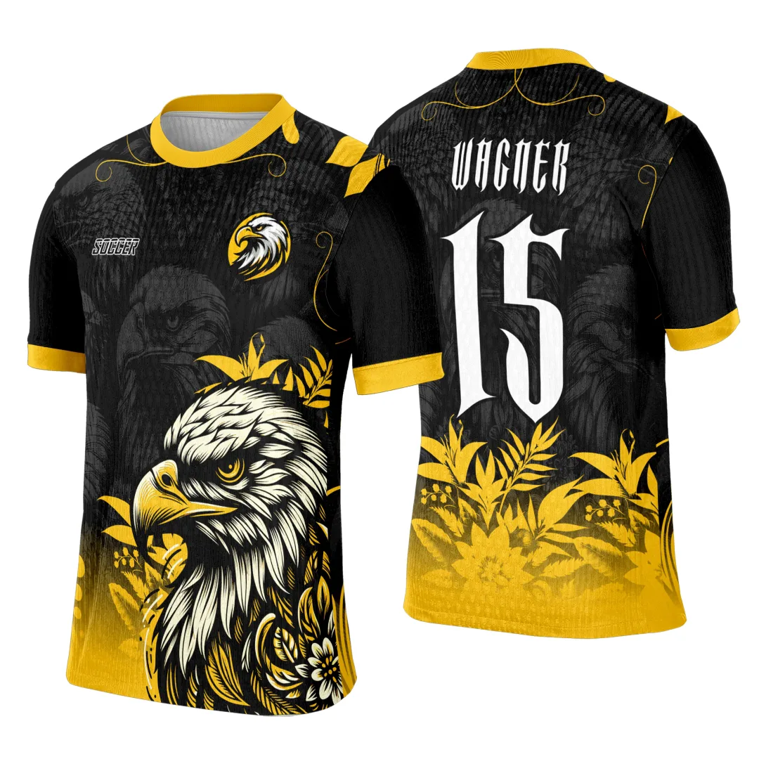 Camiseta unissex preta com logo no peito e estampa grande nas costas mostrando o tema Águia Gold, perfeita para eventos ou times interclasse.